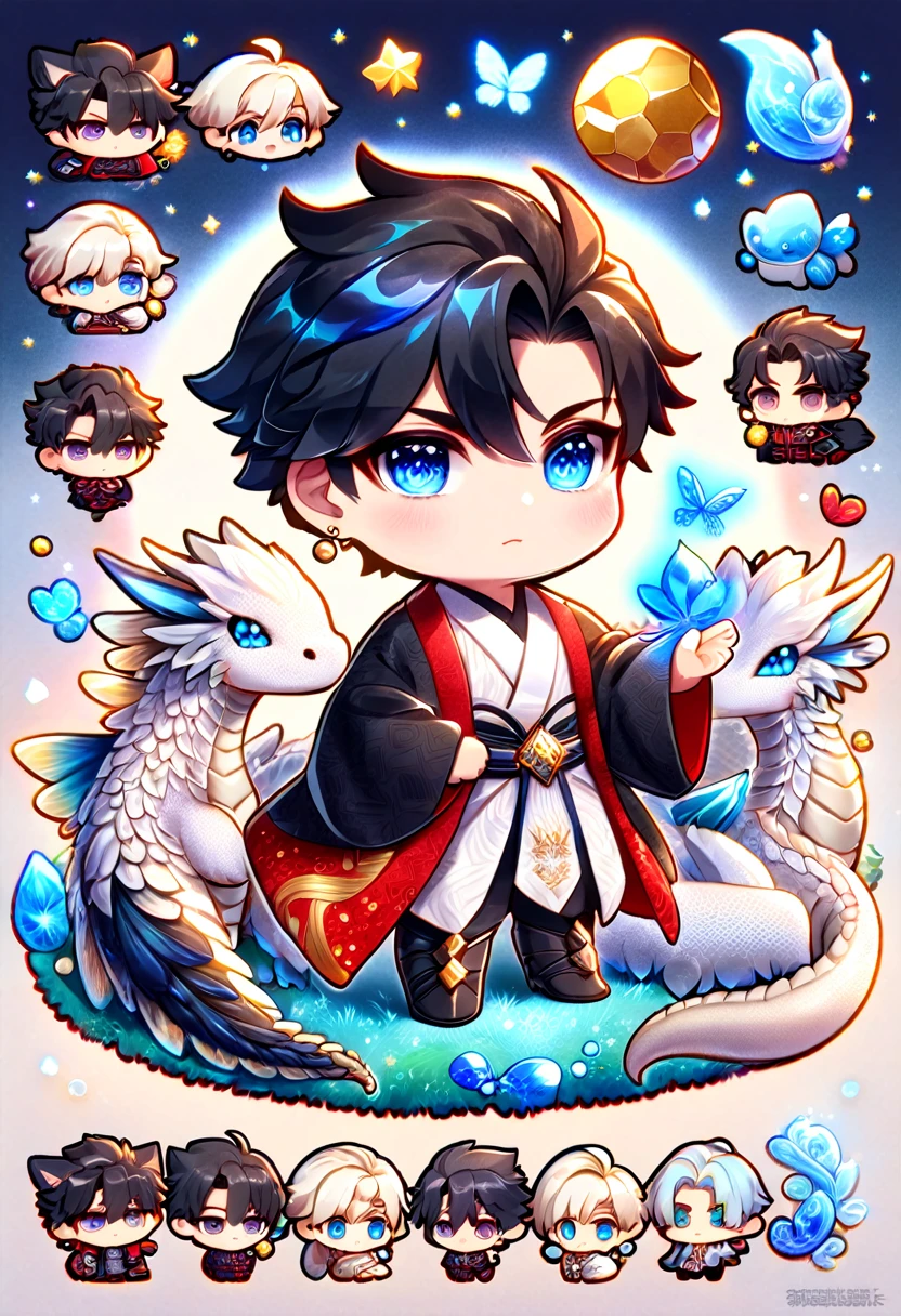 (absurdres, highres, ultra detailed, HDR) master piece, best quality, Wriothesley chibi, black hair, expressive blue eyes, genshin impact, together with a chibi white dragon, red haori, white kimono with accessories, jewelry, golden earrings, patterns, magical fantasy, blue butterflies, glittering, sparkling, blue lilies, petals, radiant