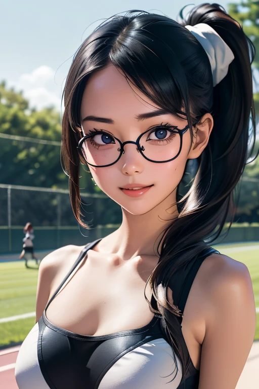 Sports competitionsの日、Sports competitions、gallery、Students cheering、女子100 m競走、((highest quality:1.4、8k、32k、Hmph:1.3))、(An unparalleled masterpiece)、((RAW Photos、realism:1.6))、Japanese Girls、Outdoor,playground,Schoolyard,Schoolyard,(physical education:1.3),(Per class:1.3)Girl smiling at the camera、Dynamic pose、(Sports competitionsの日、100 m走、running)、Dynamic Angle、School gym clothes、Bloomers、(Huge breasts:0.5、thin abdomen、The lower body is thin)、Ulzzang-6500-v1.1、Teenage Girls、Highly detailed face、Fine grain、Round face、Baby Face、Detailed Iris、double eyelid、(((Glasses、Long black hair、High up ponytail)))、Photon Mapping、Detailed skin texture、100 m,From head to toe:1.5,