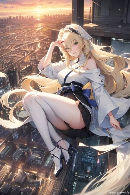Official Art, masterpiece, Be focused, (beautiful, Beautiful and cute Korean woman:1.3), (Beautiful and cute Korean:1.3), Korean beauty, 精致beautiful头发、Eyes and face, Practical, Super detailed, beautiful女孩, Blue sky, Glowing white particles, (Side Light:1.2), Sunlight, White Cloud, Detailed clouds, Slim, Such a cute big ass, Smile with teeth bared, ((Smile with your eyes, Open your eyes)), landscape, Long and straight hair, sexy facial expression, architecture, (city View:1.7), Dynamic Hair, very Long and straight hair, Delicate platinum-blonde hair, Green Eyes, Black skirt, , Pale skin, Hair accessories, epic landscape,，White high heels，Nice ass，beautiful buttocks，There&#39;There&#39;s nothing under the skirt..，weight loss