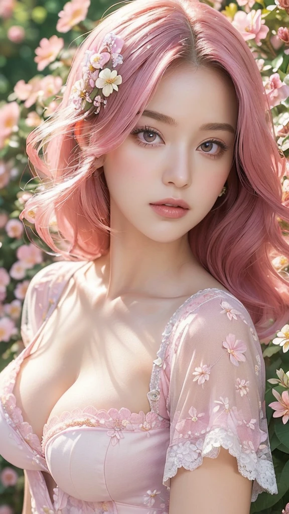 ((highest quality, masterpiece: 1.3)),(Background with lots of flowers:1.5), (hairstyle), ((very big breasts: 1.2)), delicate eyes, Pink Hair,pink lace,Japanese