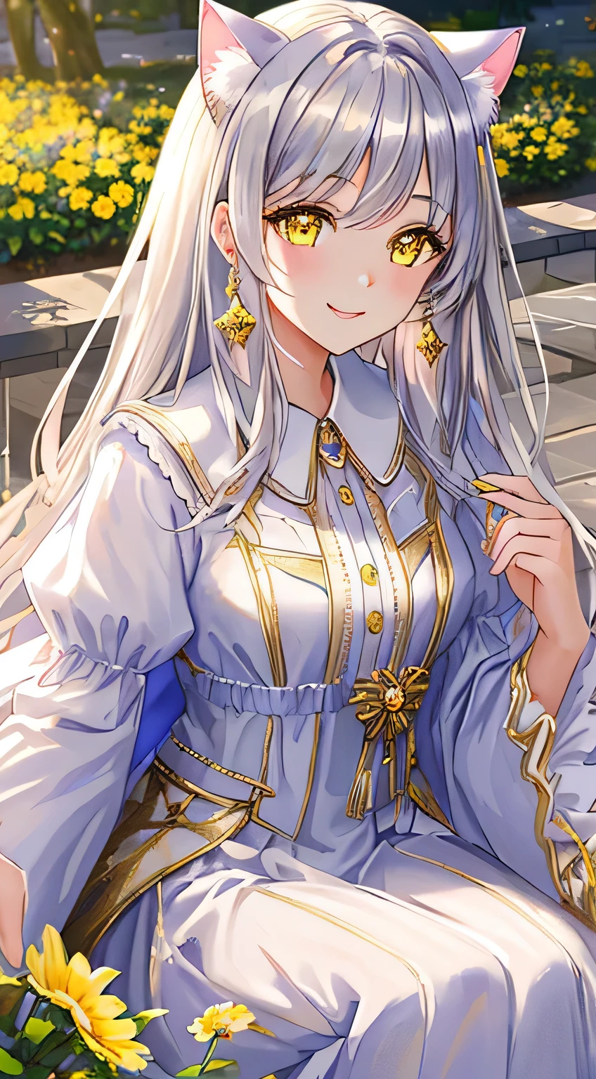 masterpiece,highest quality,Highly detailed faceLight effects、Feather Effect,Sparkling eyes,Highlighted eyes, Mid-chest,pretty girl,smile,Embarrassing,Cat ear,Beautiful silver hair,Pink inside,Beautiful yellow eyes,sunshine,Flower storm,Waterfront