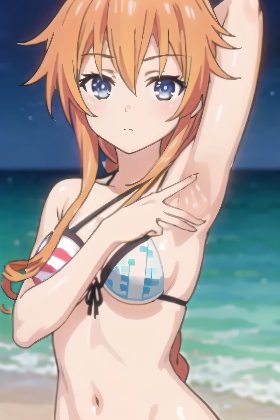 (((pixel-perfect, detail-perfect))), solo, 1girl, yuzuru yamai, white bikini, green panty, looking at viewer, closed mouth, night sky, beach, contrapposto, expressionless, spread armpits, upper body, arms behind head, best quality,