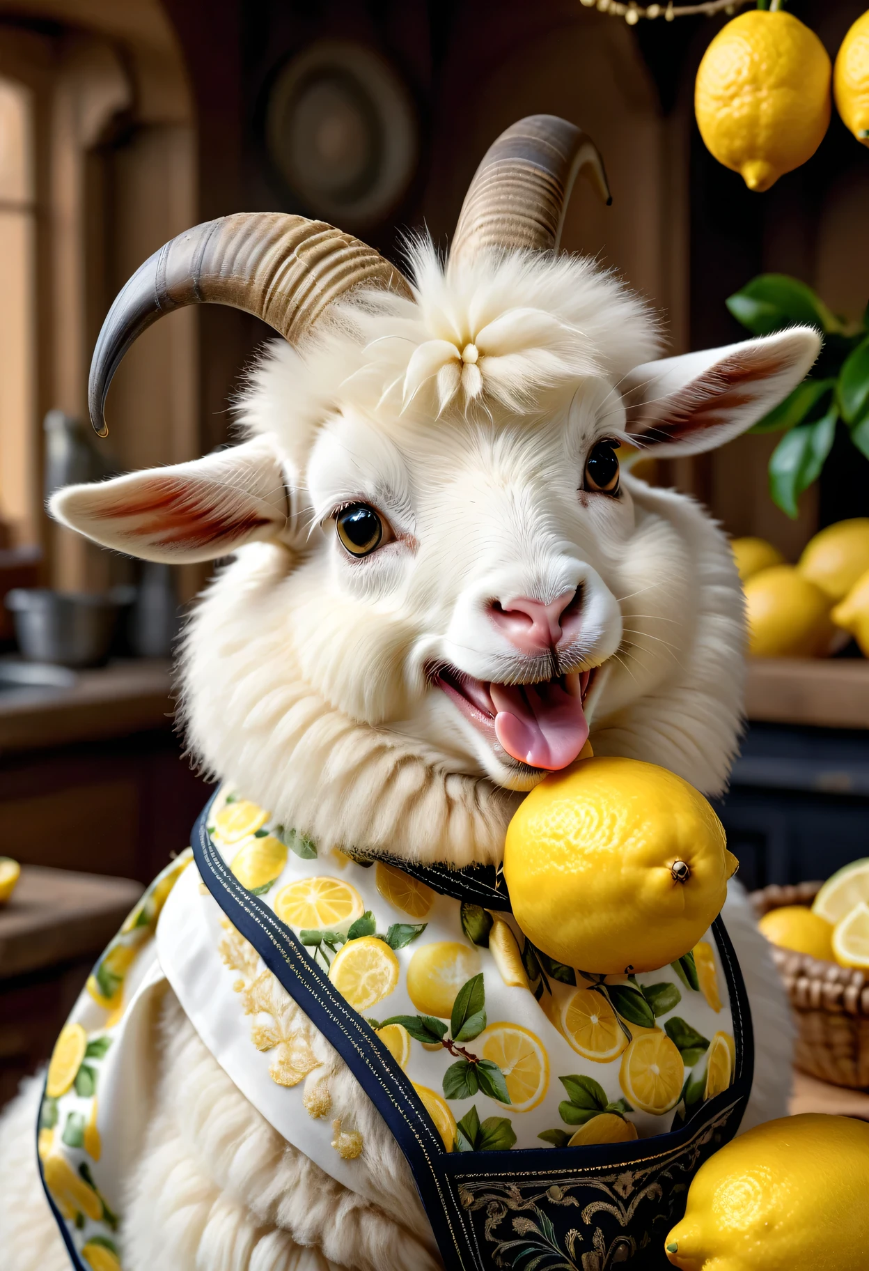 photorealistic close up portrait of Dressed animals - a ((fat)) angora goat ,(biting a cut lemon:1.5),(),(happy smile),(furry), high quality,(lovely) ,intricate detailed decorations, highly detailed (apron), in house background , (happy), perfect lighting,(half body shot:1.5)