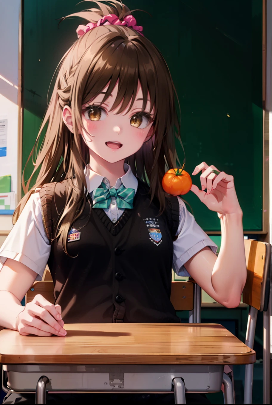 Follow Us, Yuki mandarin orange, (Brown eyes:1.5), Brown Hair, hair ornaments, hair Scrunchie, Long Hair, pink Scrunchie, Scrunchie, (Flat Chest:1.2),happy smile, smile, Open your mouth,
break green skirt, Plaid, Plaid skirt, Sainan High , , skirt, shirt, white shirt, Sweater vest, (black  Sweater vest:1.5),Brown loafers,Black pantyhose,sitting cross-legged on a chair,whole bodyがイラストに入るように
break indoors, classroom,
break looking at viewer, whole body,
break (masterpiece:1.2), highest quality, High resolution, unity 8k wallpaper, (figure:0.8), (Beautiful fine details:1.6), Highly detailed face, Perfect lighting, Highly detailed CG, (Perfect hands, Perfect Anatomy),