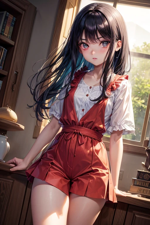 aokiyuriko, Aoki Yuriko, cabello corto, by the chestnut, golpes, (ojos amarillos:1.5), anteojos,
ROMPER skirt, camisa, mangas cortas, Pantys, black Pantys, volantes,
ROMPER looking at viewer, 
ROMPER indoors,
ROMPER (obra maestra:1.2), mejor calidad, high resolution, fondo de pantalla de unidad 8k, (ILLUSTRATION:0.8), (Hermosos ojos detallados:1.6), cara extremadamente detallada, perfect lighting, CG extremadamente detallado, (manos perfectas, perfect anatomy),