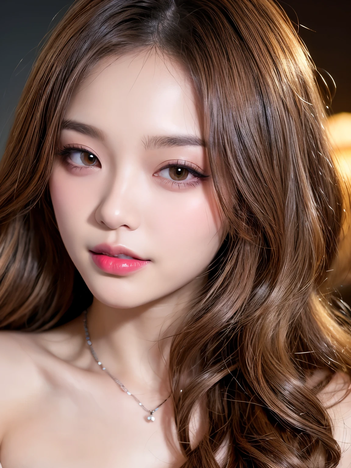 Canon RF85mmf/1.2,masterpiece,highest quality,Ultra-high resolution,VC,1 girl,(Korean mixed race,K-Pop Idols:1.2),alone,white_Shiny_skin,Iris,necklace,((Brown_length_Wavy_hair)),((pink_Shiny_lips)),eyelash,前hair,make,compensate,Shiny,pore,skin texture,bracelet,Off the shoulder,See through,Big Breasts