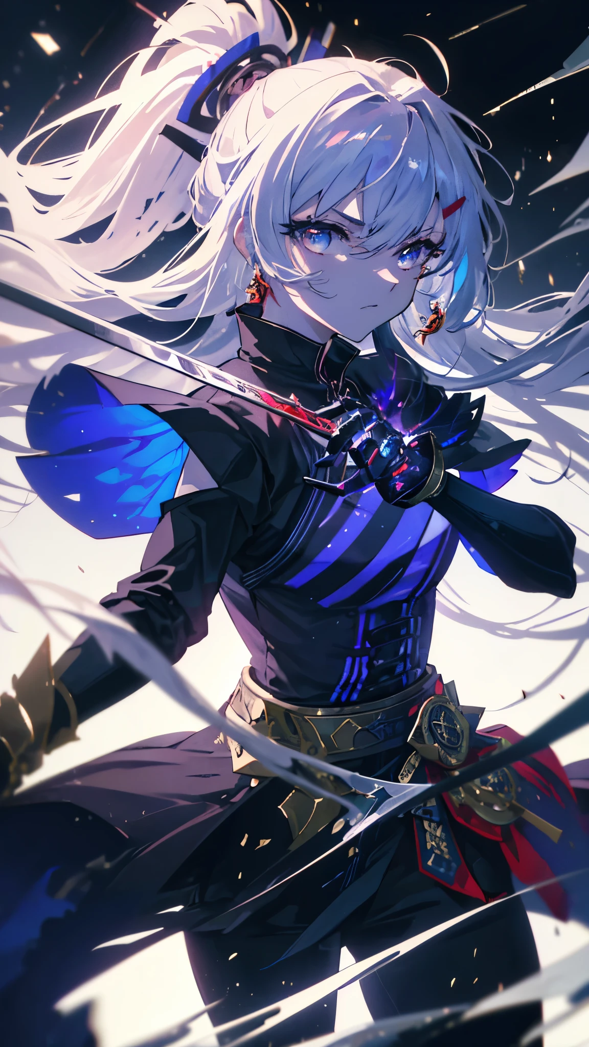 (best quality,4k,8K,High resolution,masterpiece:1.2),Extremely detailed,(Practical,photoPractical,photo-Practical:1.37),anime girl fighting her enemies,Dark sinister background, Fierce fighting scenes, Dynamic poses, Vibrant colors, glowing magical effects, Ethereal atmosphere, Clear focus, Anime style, Intense Action, strong emotions, resolute determination, Vivid blue color scheme, Dramatic Lighting, Dangerous Shadows, Detailed facial expressions, Flowing hair, Fantasy setting, Supernatural powers, epic confrontation, High-speed movement, contrasting elements, dynamic composition, Close eye contact, Menacing momentum, dramatic perspective, Powerful explosion of energy, smoky, fierce battle cry, Crackling Lightning, Samurai sword, adrenaline rush.