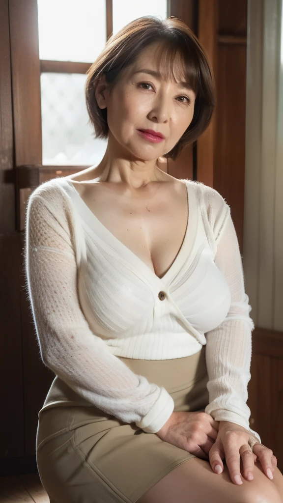 High resolution, high resolution, Attention to detail, masterpiece, Textured skin, Anatomically correct, sharp, ((Japanese Mature, 80 years old)), solo, ((Facial wrinkles)), Shapely large breasts, Straight light brown hair that reaches the shoulders, bangs,(((Stand upright, Facing the center of the screen.))),Looking at the photographer, Open your mouth and stare straight ahead, Sheer white sweater, (Ultra mini skirt:1.4),(Sitting),(Thighs:1.3),In an abandoned house,(Serious expression),(Cleavage),(Old woman),Red lipstick