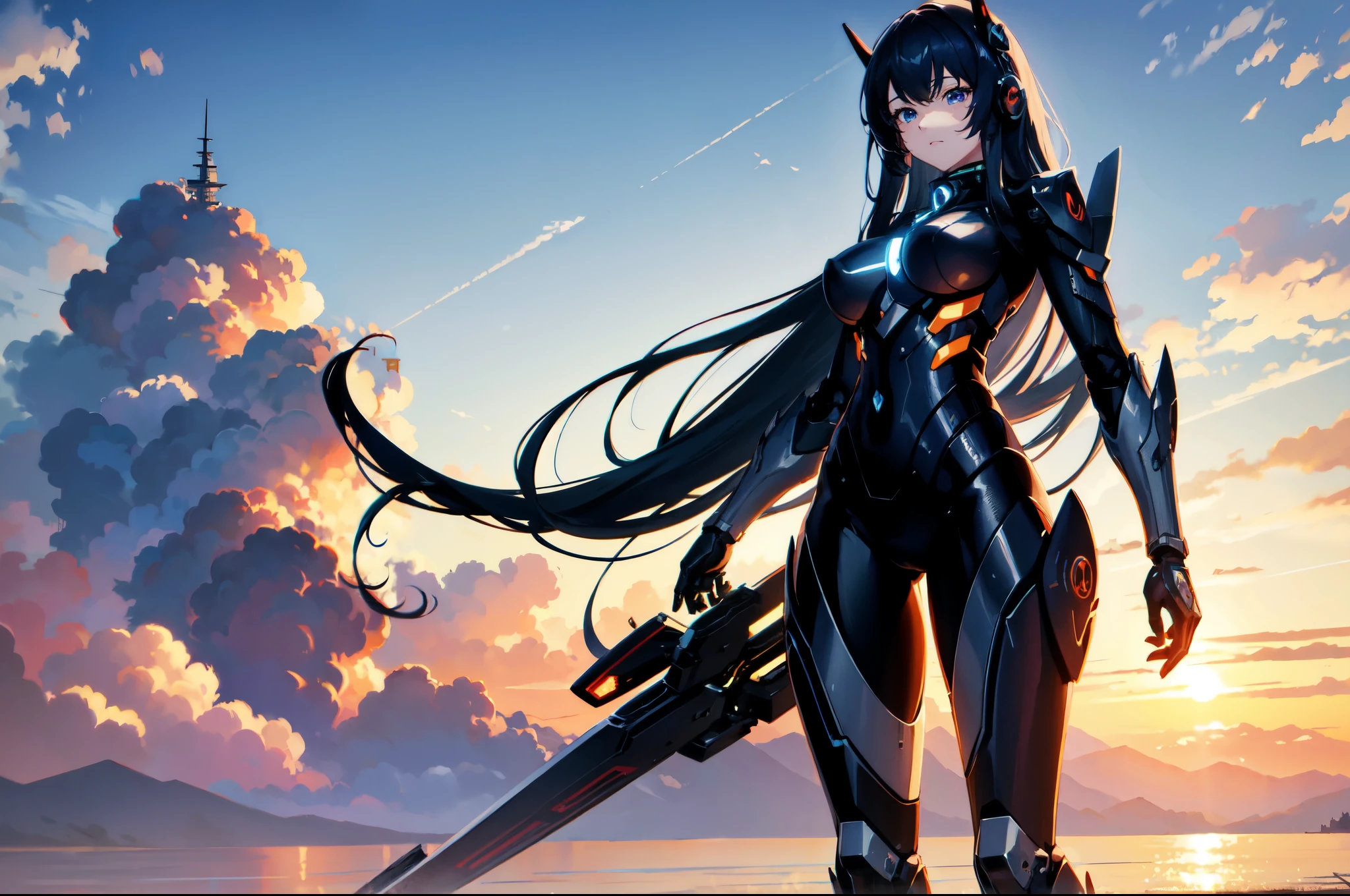 anime girl, cyber ronin, mecha, long hair, cool, sea of clouds, sunset, absurdly detailed, 8k, beautiful, high quality, wallpaper,