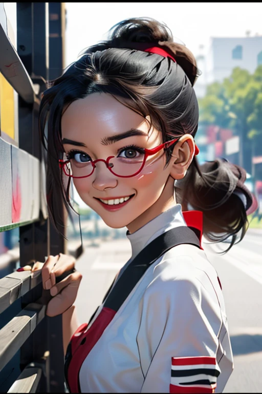 Sports competitionsの日、Sports competitions、gallery、Students cheering、女子100 m競走、((highest quality:1.4、8k、32k、Hmph:1.3))、(An unparalleled masterpiece)、((RAW Photos、realism:1.6))、Japanese Girls、Outdoor,playground,Schoolyard,Schoolyard,(physical education:1.3),(Per class:1.3)Girl smiling at the camera、Dynamic pose、(Sports competitionsの日、100 m走、running)、Dynamic Angle、School gym clothes、Bloomers、(Huge breasts:0.5、thin abdomen、The lower body is thin)、Ulzzang-6500-v1.1、Teenage Girls、Highly detailed face、Fine grain、Round face、Baby Face、Detailed Iris、double eyelid、(((Glasses、Long black hair、High up ponytail)))、Photon Mapping、Detailed skin texture、100 m,From head to toe:1.5,