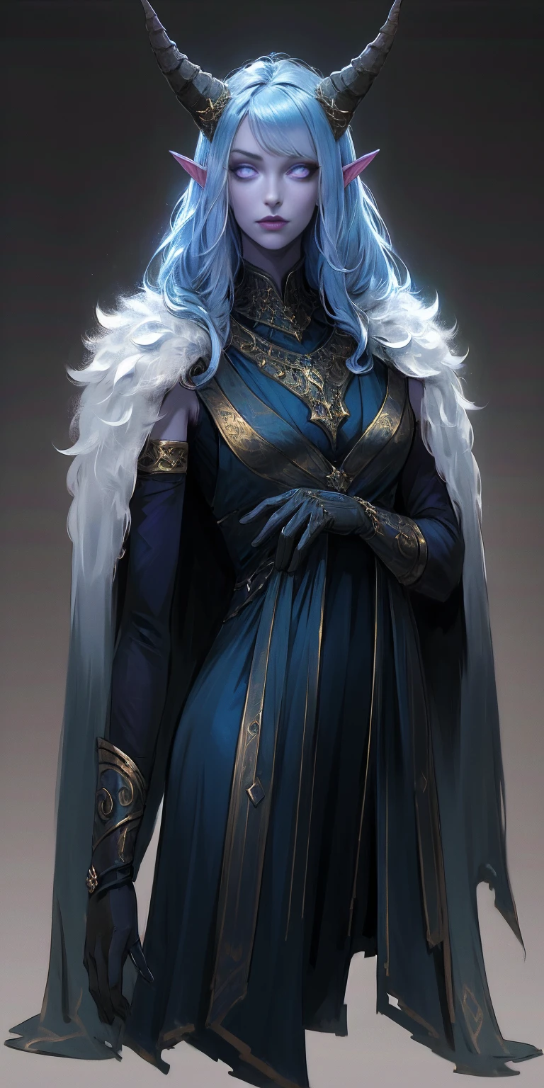 (plain background) full body looking to viewer standing straight symmetrical against contrapposto, best quality, (masterpiece),(ultra-detailed), (high quality), (high resolution),1girl, aurora atria, bangs, bare arms, blue dress, bow, crescent, crescent hair ornament, curled horns, dress, fur trim, grey hair, hair ornament, horns, purple eyes, sheep horns, simple background, upper body, white gloves,cape, star hair ornament