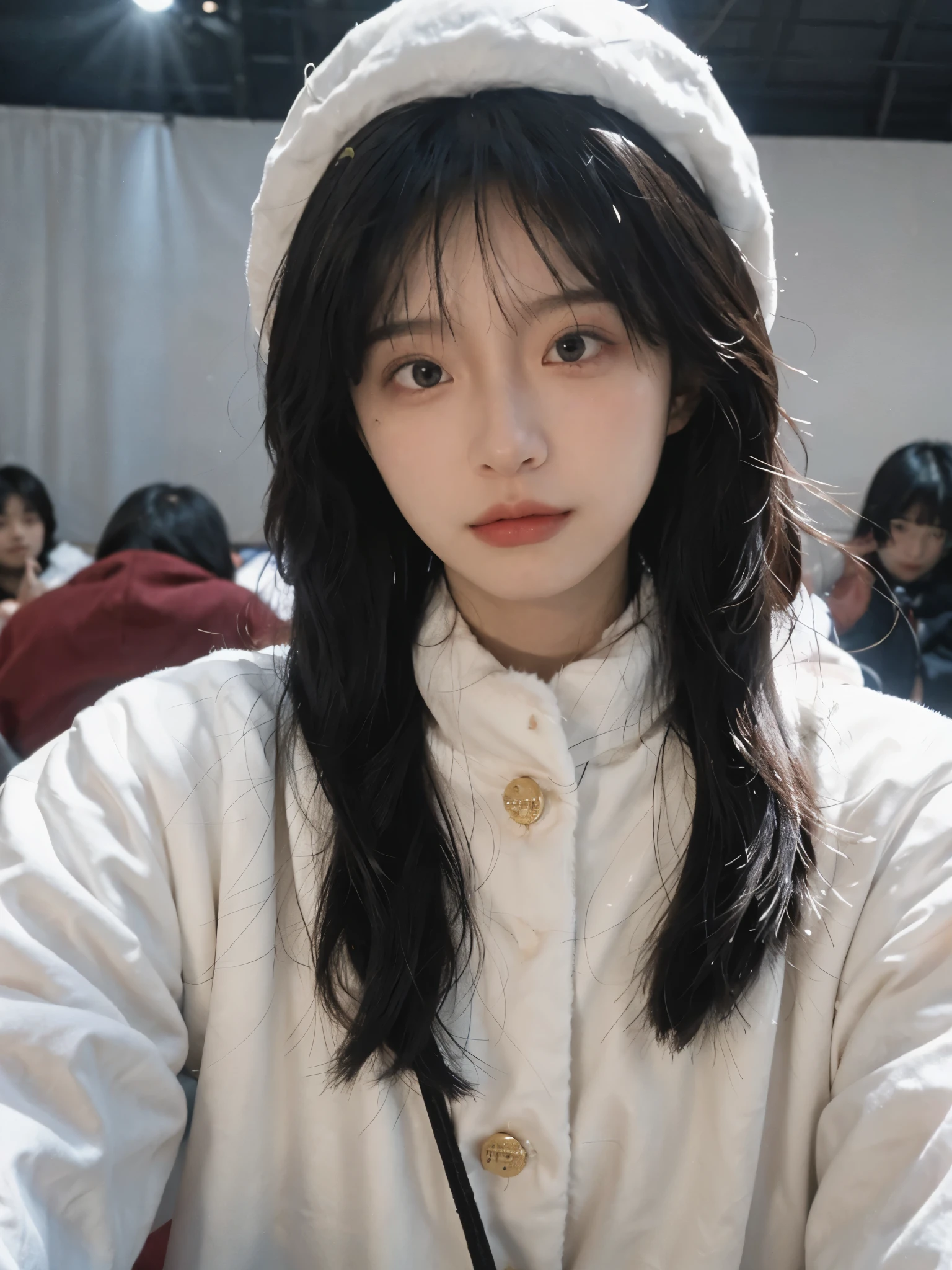 best quality, ultra high resolution, White background,(realistically:1.4), girl, A pair of eyes as clear as snow,Royal sister,Black long straight, looking at the audience, close up ,
