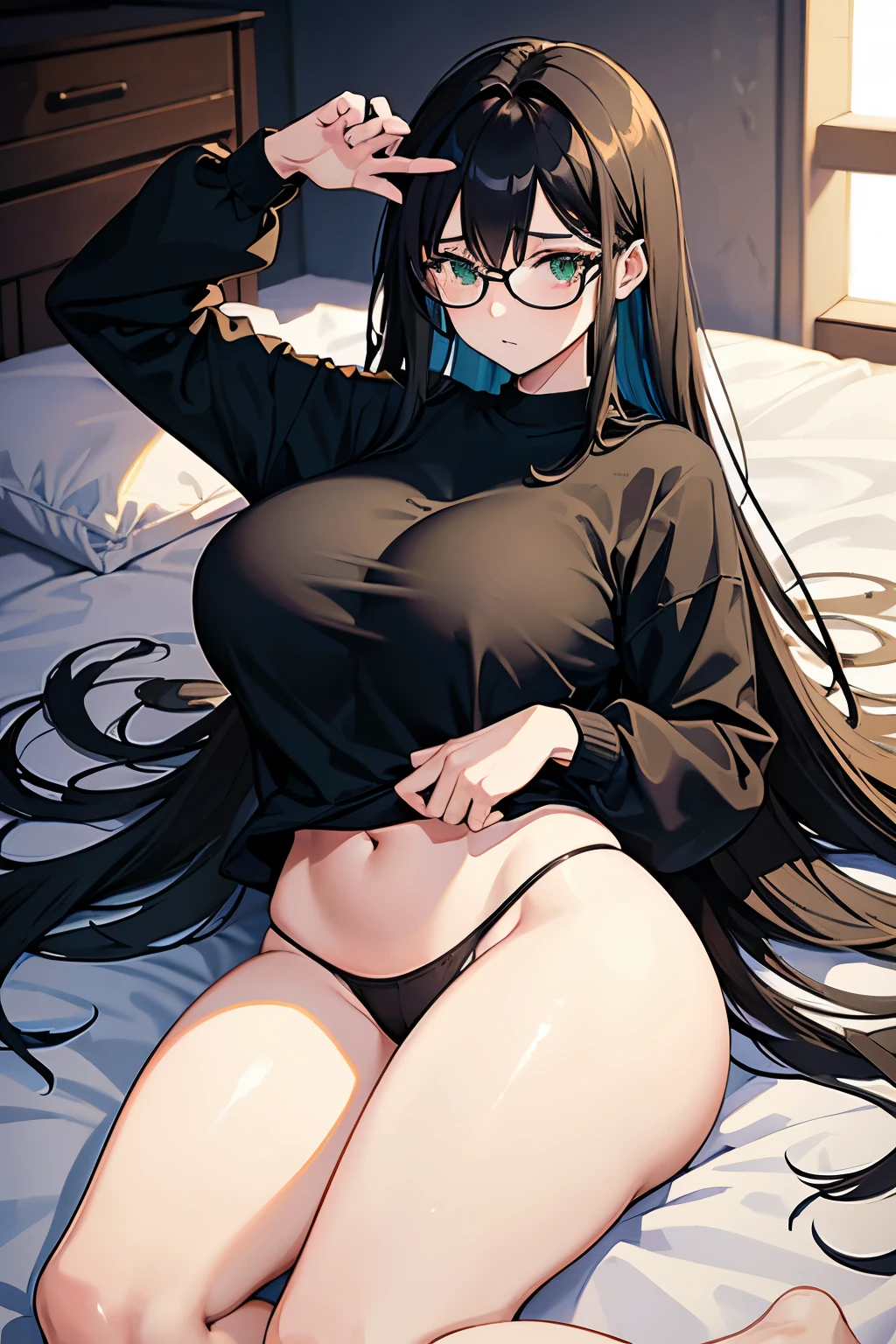high quality, no errors, anime style, perfect hands, perfect body, 1 girl, gamer, lying on the bed, long hair, messy hair, black hair, green eyes, serious eyes, wears grainy glasses, huge breasts, big fat ass, thick thighs, casual clothes, wearing tight white shirt, wearing black panties