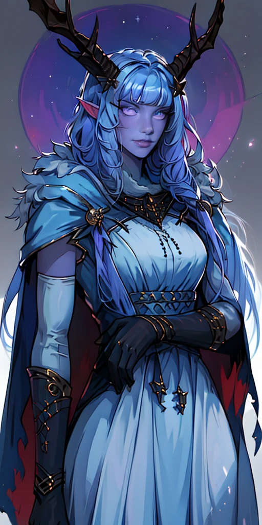 best quality, (masterpiece),(ultra-detailed), (high quality), (high resolution),1girl, aurora atria, bangs, bare arms, blue dress, bow, crescent, crescent hair ornament, curled horns, dress,  fur trim, grey hair, hair ornament, horns,  purple eyes, sheep horns, simple background, upper body, white gloves,cape, star hair ornament