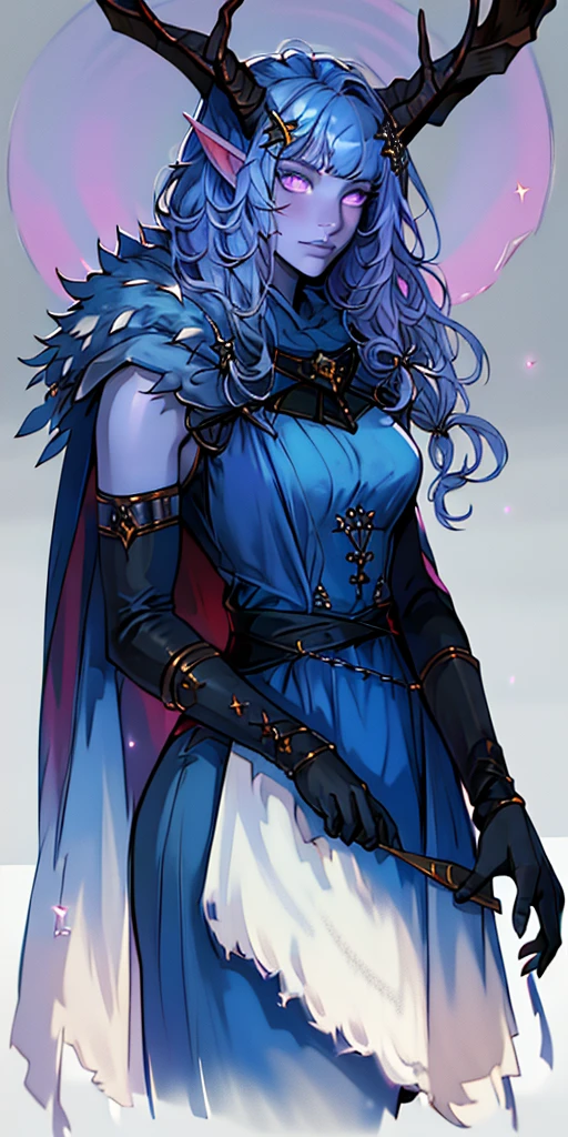 best quality, (masterpiece),(ultra-detailed), (high quality), (high resolution),1girl, aurora atria, bangs, bare arms, blue dress, bow, crescent, crescent hair ornament, curled horns, dress,  fur trim, grey hair, hair ornament, horns,  purple eyes, sheep horns, simple background, upper body, white gloves,cape, star hair ornament