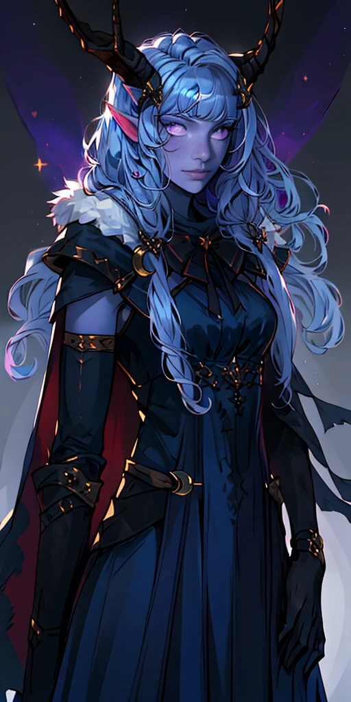 best quality, (masterpiece),(ultra-detailed), (high quality), (high resolution),1girl, aurora atria, bangs, bare arms, blue dress, bow, crescent, crescent hair ornament, curled horns, dress,  fur trim, grey hair, hair ornament, horns,  purple eyes, sheep horns, simple background, upper body, white gloves,cape, star hair ornament