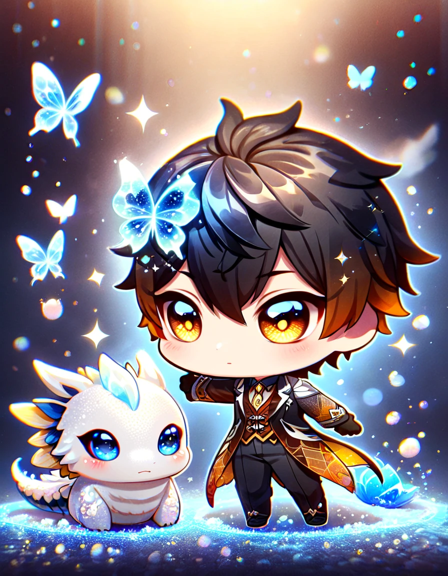 (absurdres, highres, ultra detailed, HDR) master piece, best quality, Zhongli chibi, black hair, expressive yellow eyes, genshin impact, together with a chibi white dragon, solo, black clothes with accessories, jewelry, patterns, magical fantasy, blue butterflies, glittering, sparkling, blue lilies, petals, radiant