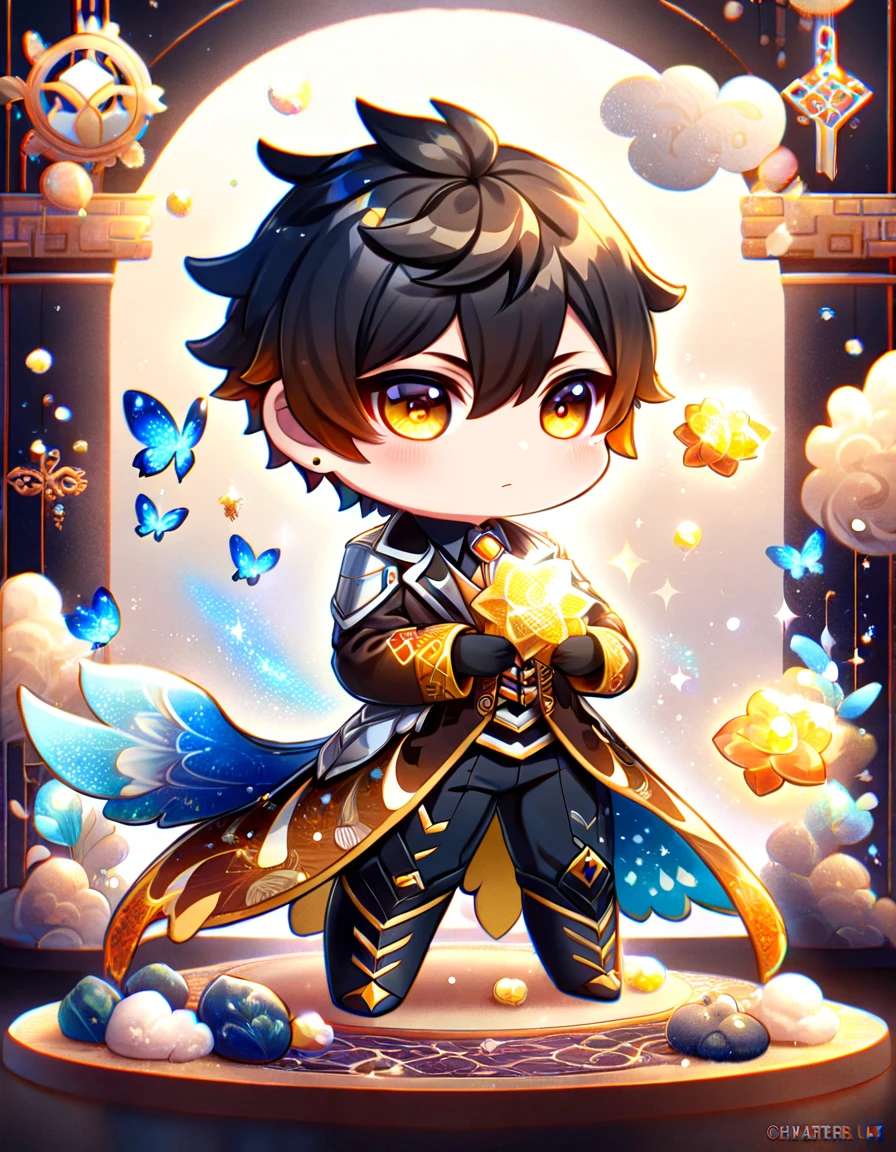 (absurdres, highres, ultra detailed, HDR) master piece, best quality, Zhongli chibi, black hair, expressive yellow eyes, genshin impact, together with a chibi white dragon, solo, black clothes with accessories, jewelry, patterns, magical fantasy, blue butterflies, glittering, sparkling, blue lilies, petals, radiant