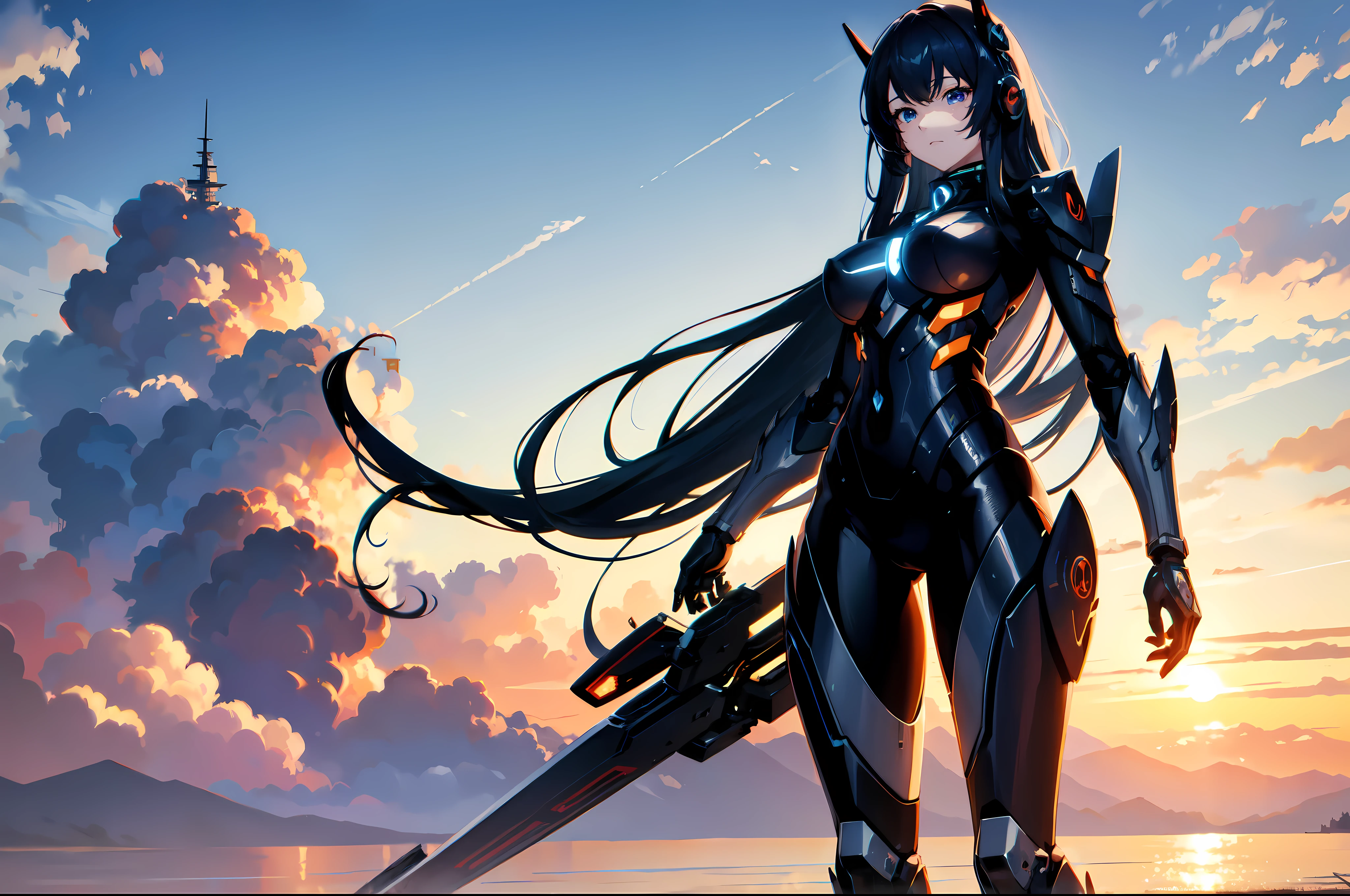 anime girl, cyber ronin, mecha, long hair, cool, sea of clouds, sunset, absurdly detailed, 8k, beautiful, high quality, wallpaper,
