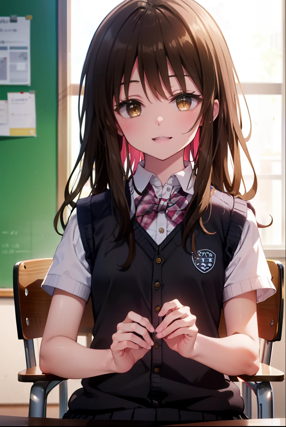 Follow Us, Yuki mandarin orange, (Brown eyes:1.5), Brown Hair, hair ornaments, hair Scrunchie, Long Hair, pink Scrunchie, Scrunchie, (Flat Chest:1.2),happy smile, smile, Open your mouth,
break green skirt,Short sleeve, Plaid, Plaid skirt, Sainan High , , skirt, shirt, white shirt, Sweater vest, (black Sweater vest:1.5),Brown loafers,Black pantyhose,sitting cross-legged on a chair,whole bodyがイラストに入るように
break indoors, classroom,
break looking at viewer, whole body,
break (masterpiece:1.2), highest quality, High resolution, unity 8k wallpaper, (figure:0.8), (Beautiful fine details:1.6), Highly detailed face, Perfect lighting, Highly detailed CG, (Perfect hands, Perfect ???????),