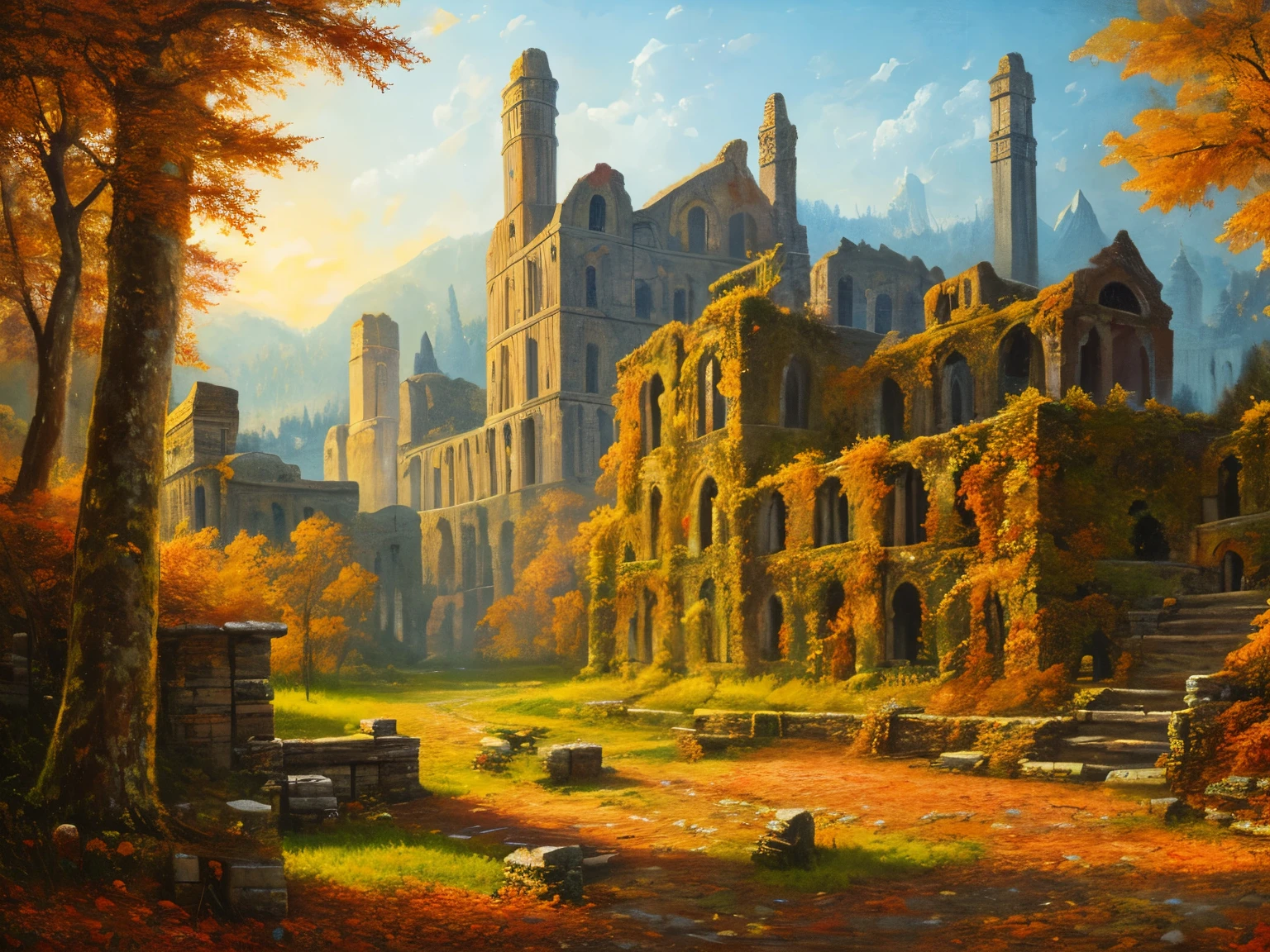 , late autumn ruins, high quality, highly detailed, illustration, impasto, canvas, oil painting, fantasy,