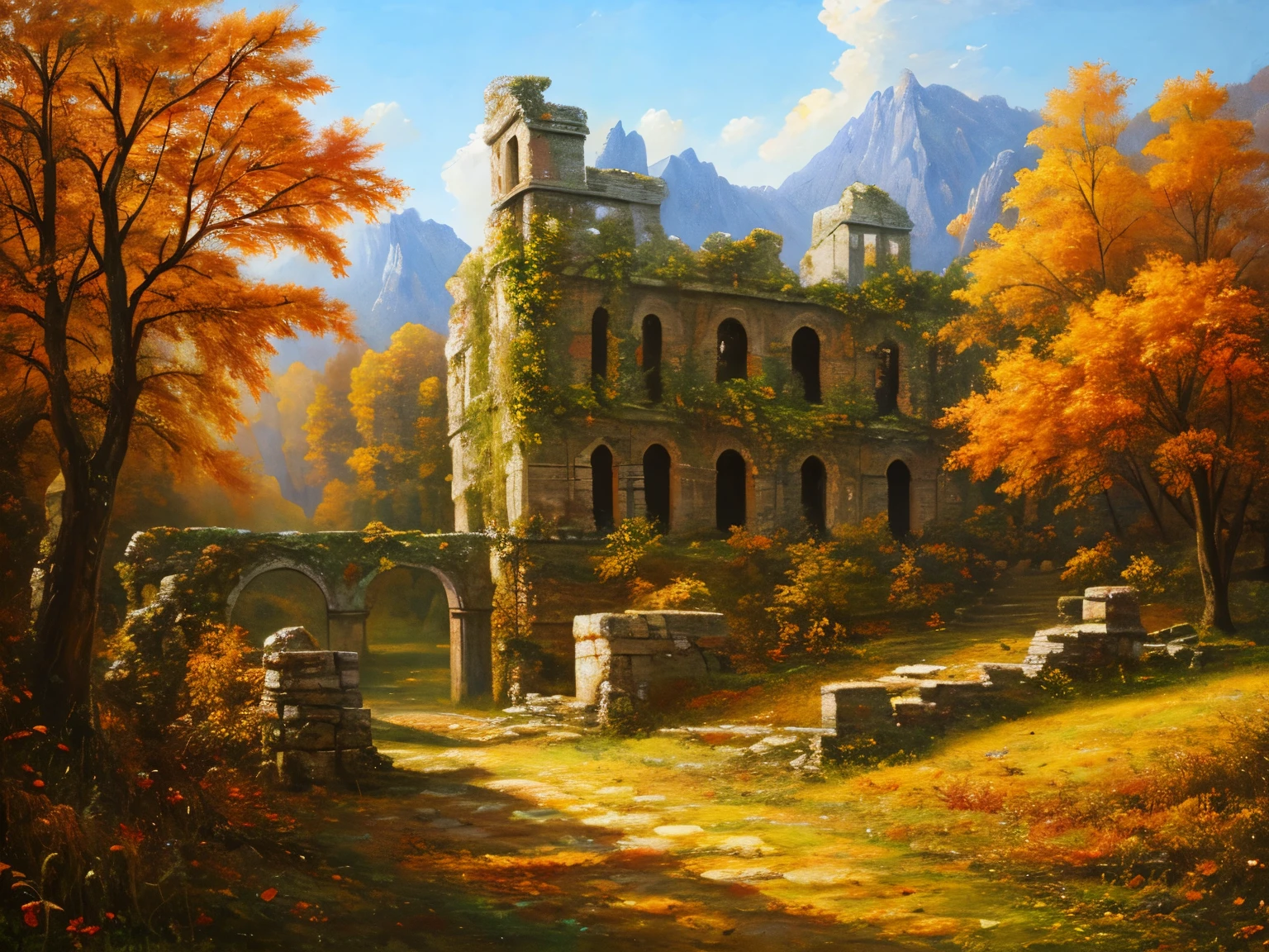 , late autumn ruins, high quality, highly detailed, illustration, impasto, canvas, oil painting, fantasy,