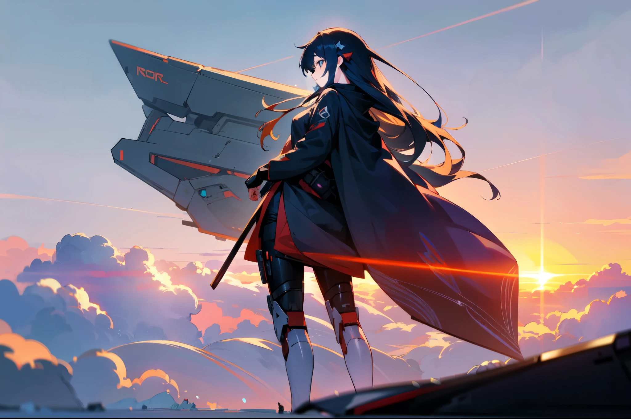 anime girl, cyber ronin, mecha, long hair, cool, sea of clouds, sunset, absurdly detailed, 8k, beautiful, high quality, wallpaper,