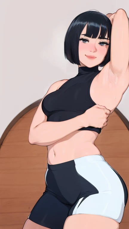 gym background、Super detailed illustrations、seductive smile、masterpiece、highest quality、ultra high resolution、high resolution、(Sweat、body fluid)、shiny skin、black hair、very short hair、color red eyes、white croptop turtleneck、sleeveless、Standing picture、hot pants、put hands behind head, armpits, armpits visible, very small breasts