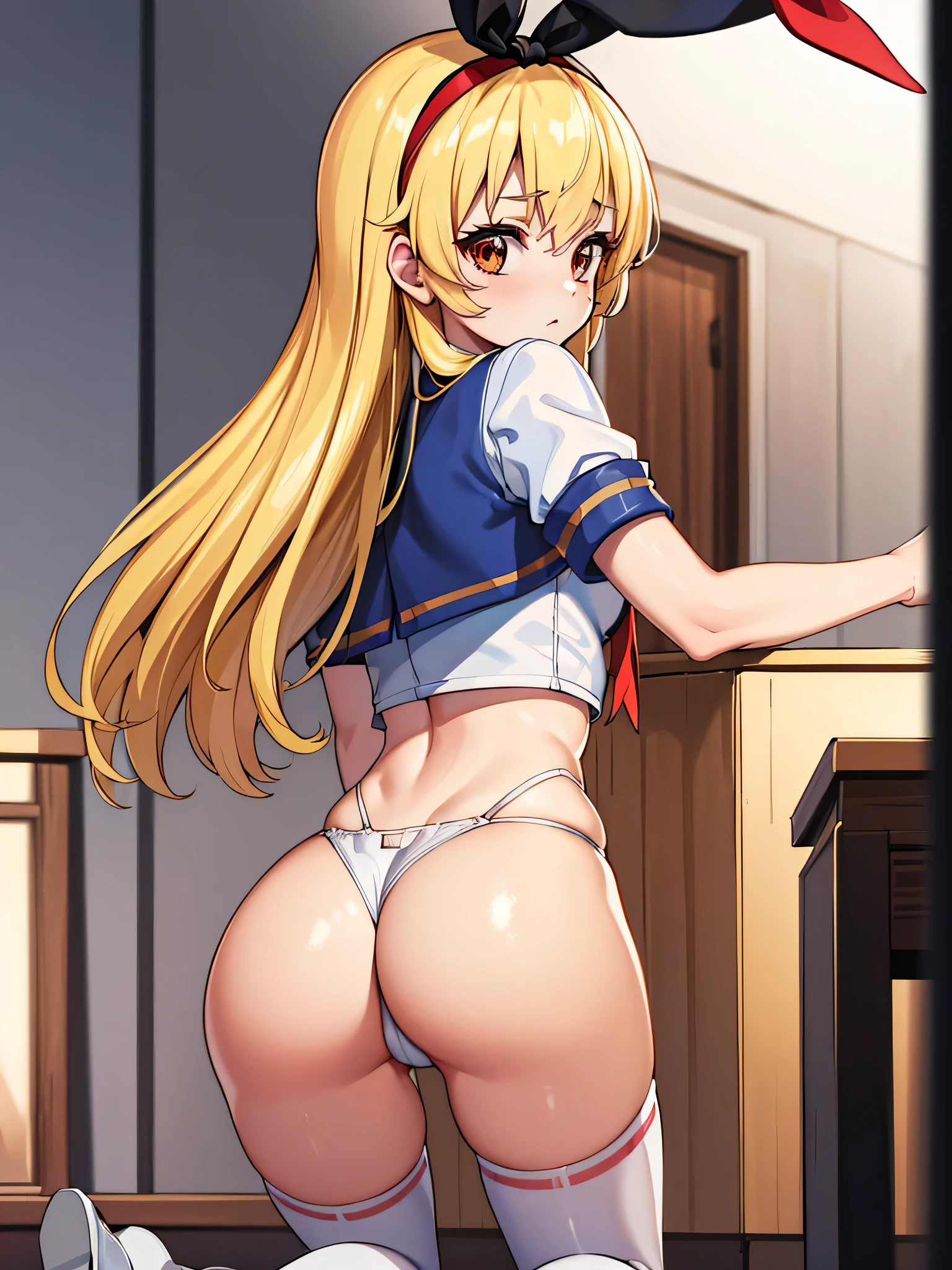 (masterpiece, best quality, highly detailed, ultra detailed, high resolution, absurdres, 4K, 8K:1.2),
BREAK,shimakaze uniform:1.5, 10 years GIRL,Blonde_HAIR,(RED Ribbon on HAIRband:1.2),WHITE tights, hosimiya ichigo,,rawl on all fours,((ass focus, hip focus)),arched back,looking back