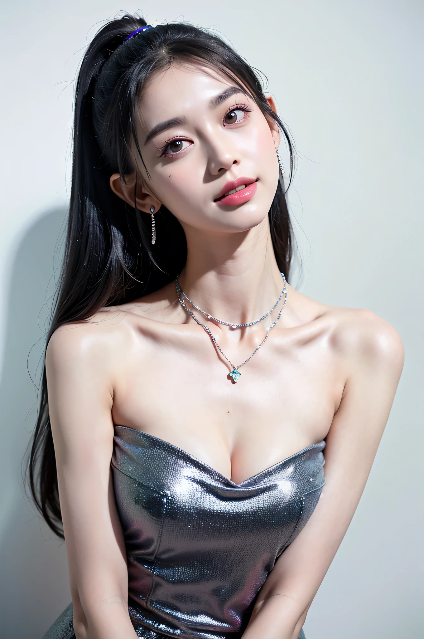 (Extra detailed body、The face is rich in detail、best quality:1.2)、Miss、looking at the audience、Full body model,(quirky fashion、Large shoulder piercing、A necklace、Grey contrasting clothing, blue,green,purple,pink,White and black、Asymmetry)、(Contrasting white and gray wall on background),Smile,Large Breasts,Smile,sweet,Gentle,Shy