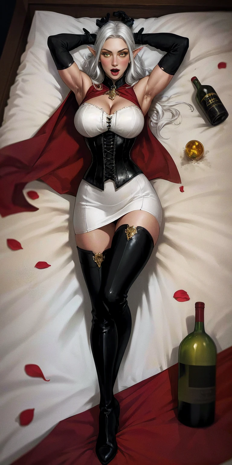 (((masterpiece,high resolution,best quality))), 1girl, solo,wine bottle,bare legs, large breasts, lying, on back, petals, looking at viewer, armpits, open mouth, solo, blush, wet clothes, heart, arms up, wet, bed sheet, origin, 1girl, red cape, boots, gloves, epaulettes, black corset, corset, black gloves, :d, black skirt, Pirotess, (yellow eyes), white hair, silver hair, very long hair, straight hair, solo, adult woman, tall, slightly muscular, large breasted, cleavage, constricted waist, Toned body, slight abs, thin dark skin, pointy ears, lipstick, makeup, black eyeshadow, circlet, white short dress, jewelry, bracelet, white gloves, thigh boots