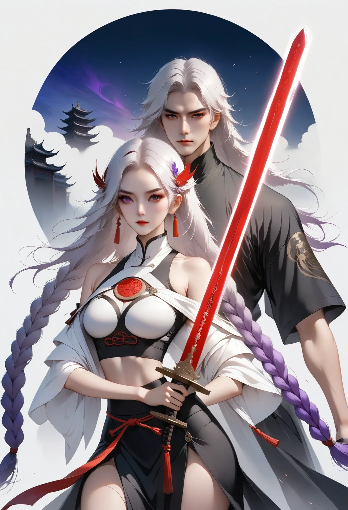 Girl with sword，Simple lines minimalism，Abstract Art，(((Holding a red long sword，White long hair，Symmetrical hair accessories，Purple double long braids，High Neck Off Shoulder Cropped Short Sleeve Top，Round glow on chest，Skirt slit，Holding a long sword))).Mysterious man in cloak：1.37，Xian Xia，Martial Arts，Jianghu，landscape