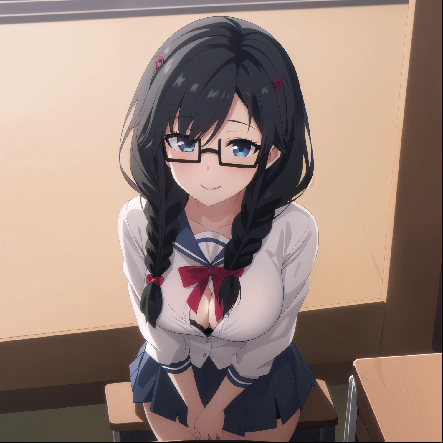 1girl,alone,sumireko sanshokuin,masterpiece,best quality,anime screenshot,black hair,blue eyes,black glasses,long hair,school,library,sitting at desk,good lighting,white shirt,open shirt,black bra , blue skirt, short skirt, embarrassed, seductive, smiling, closed mouth, sexy body, big breasts, medium waist, medium thighs, round butt, looking at the viewer, from the front, pov (from above)