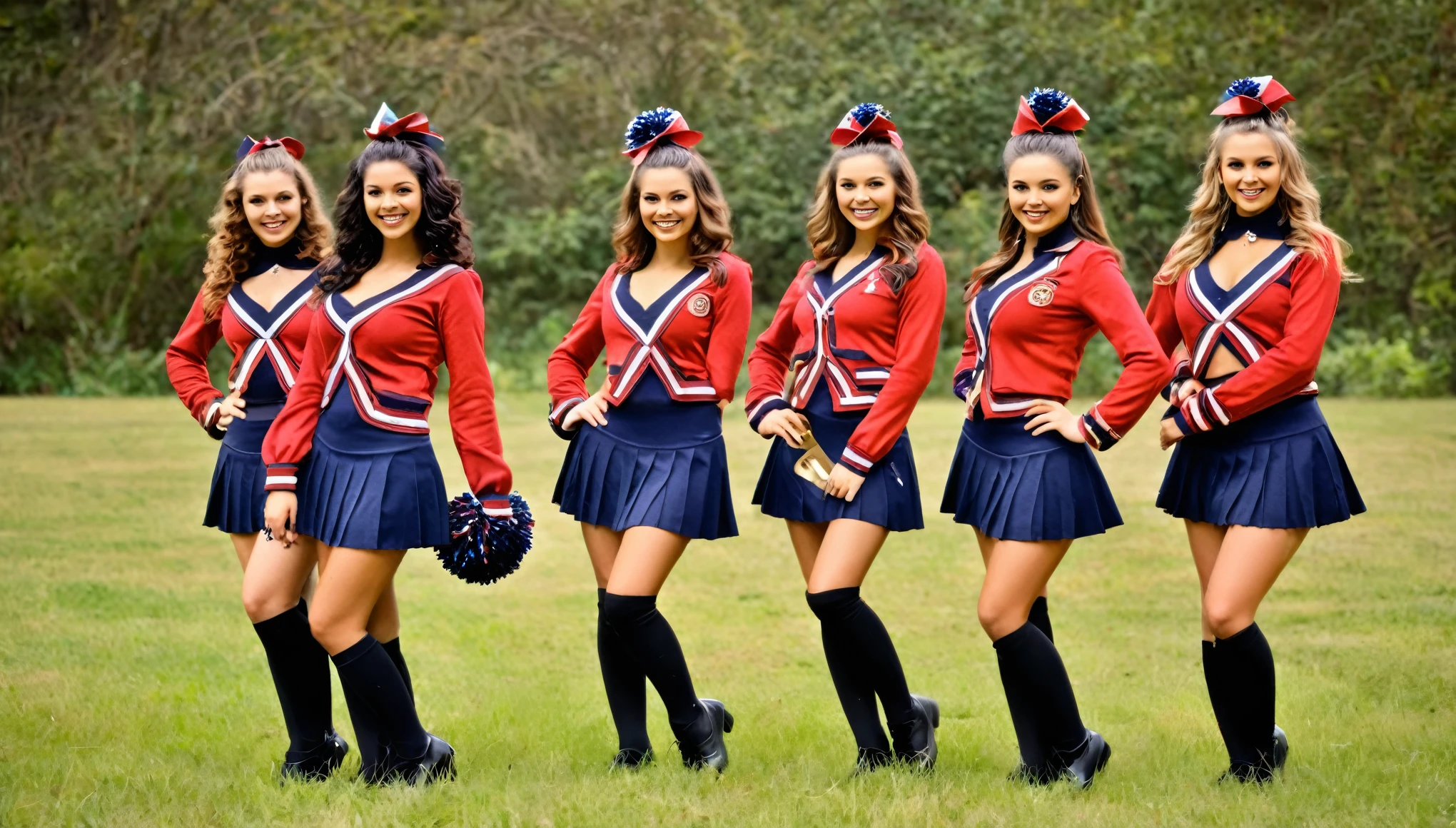 Sexy cheerleaders at a steampunk camp, with Victorian-era inspired uniforms and mechanical pom-poms. photo realistic, 8k, vibrant colors