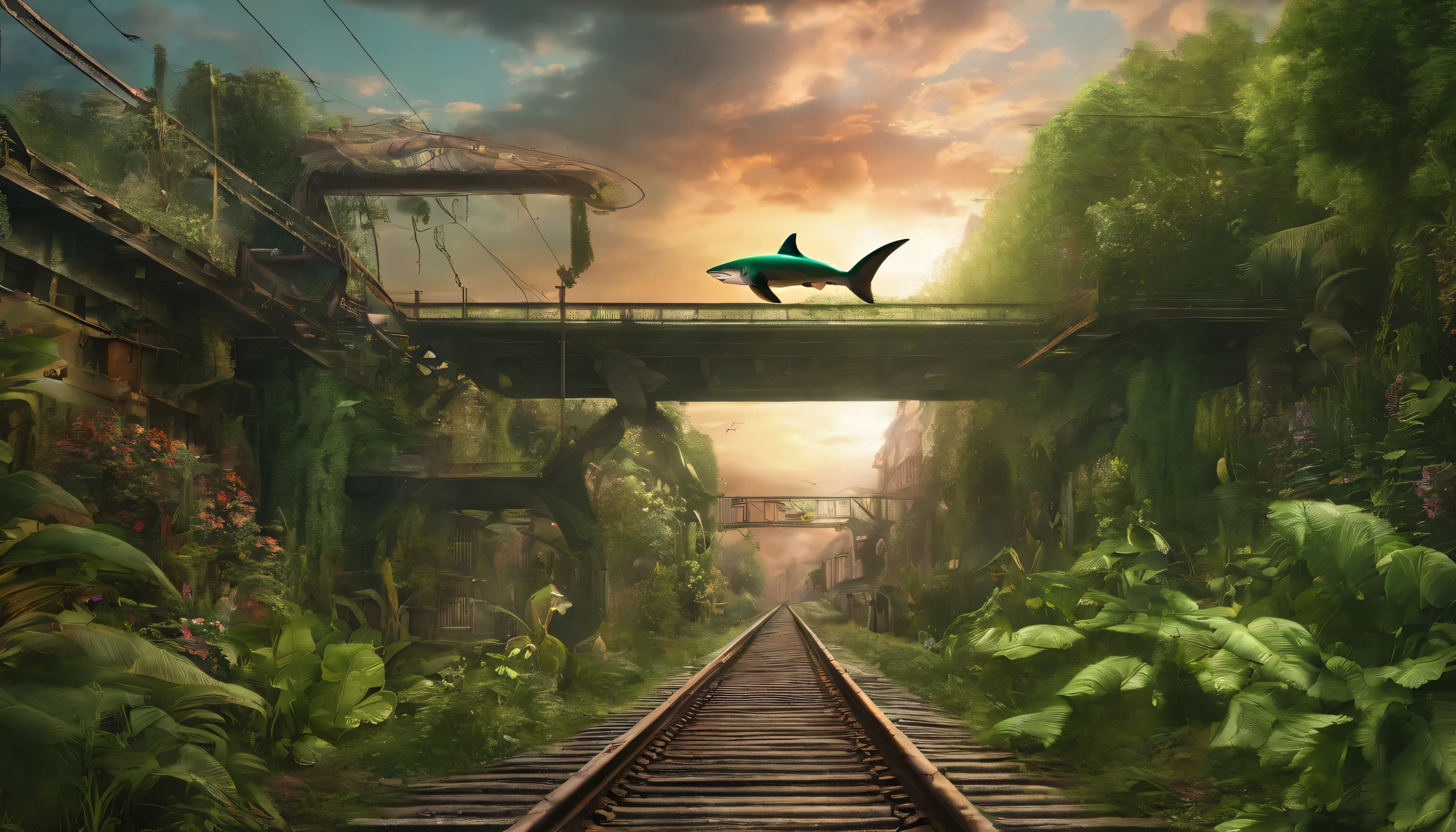 A green shark flying over the rails, psychedelic sky, vegetation in chaos, something that like a child's dream