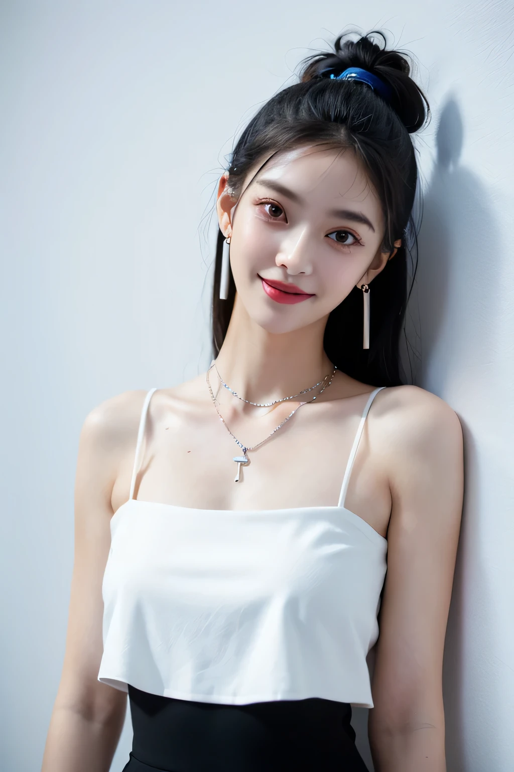 (Extra detailed body、The face is rich in detail、best quality:1.2)、Miss、looking at the audience、Full body model,(quirky fashion、Large shoulder piercing、A necklace、Clothes with high contrast colors, blue, White and black、Asymmetry)、(Contrasting white and gray wall on background),Smile,Large Breasts,Smile,sweet,Gentle,Shy