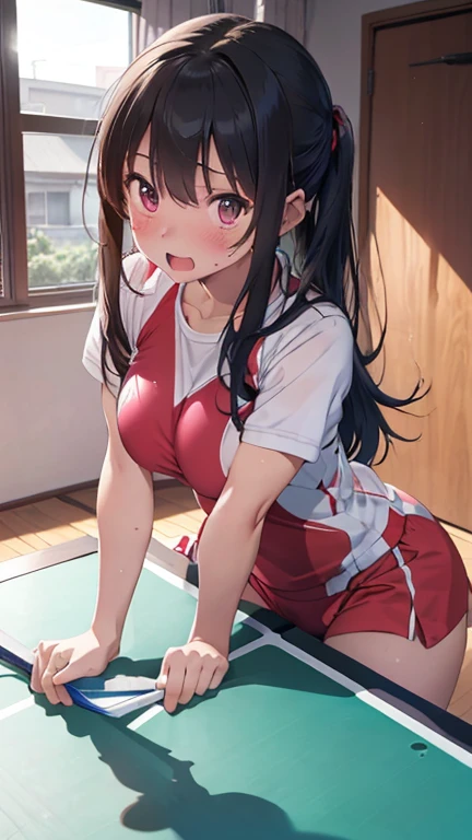 mastute piece,Best Quality,insanely detailed,8k cg,nsfw,
shoot upper body,(body in front:1.1),
1girl,standing,looking at viewer,Proudly、(upright:1.3),(Table Tennis Uniforms),
break,blush,shy,(trembling:1.2),break,(large breasts),Short:1.2、(open mouth:0.9),(indoor sports field),