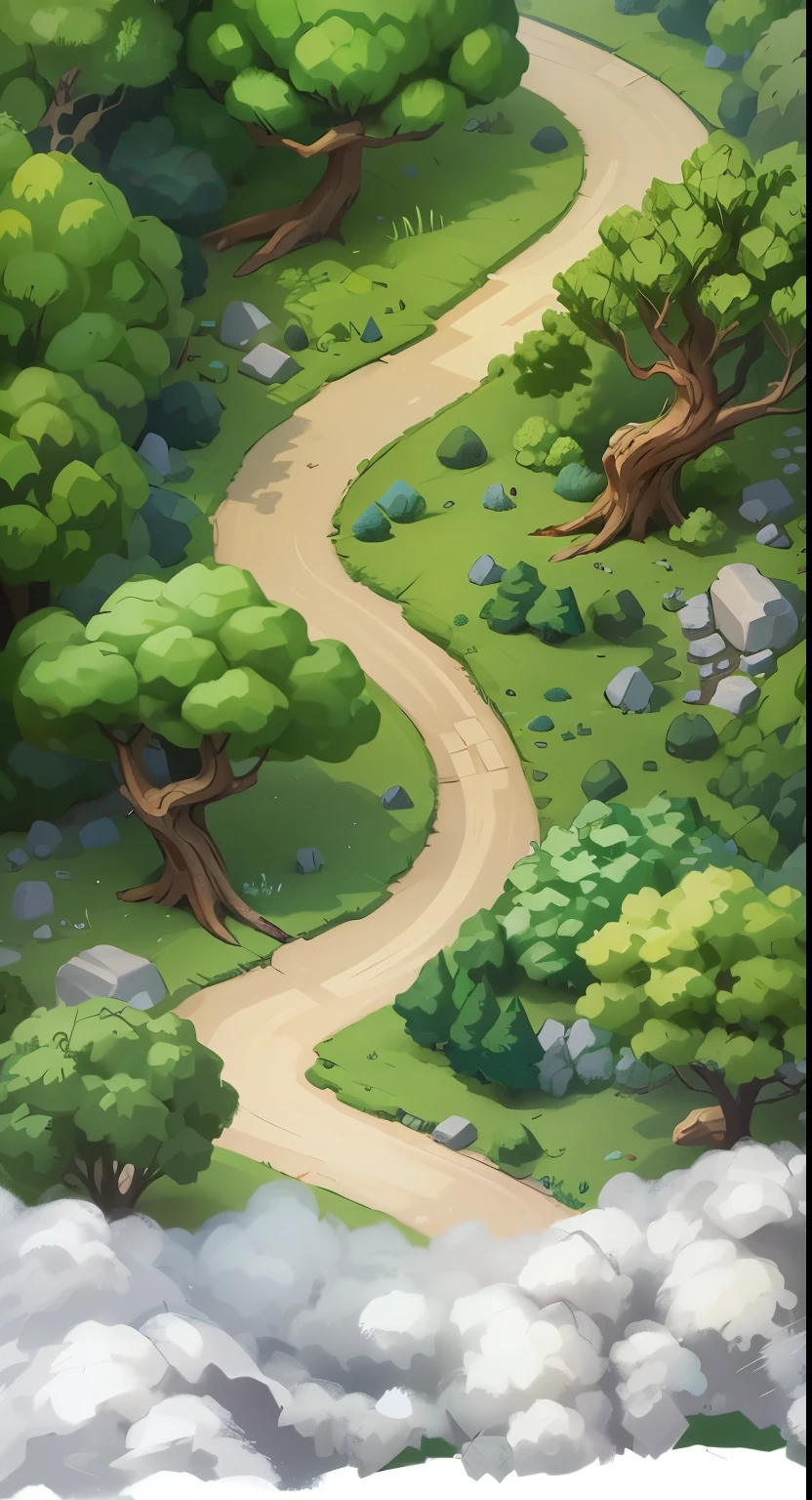 Forest scene，There is a clear path in the middle，Vertical Image，Cartoon，Isometric 2D Game Art， masterpiece， Super detailed good quality