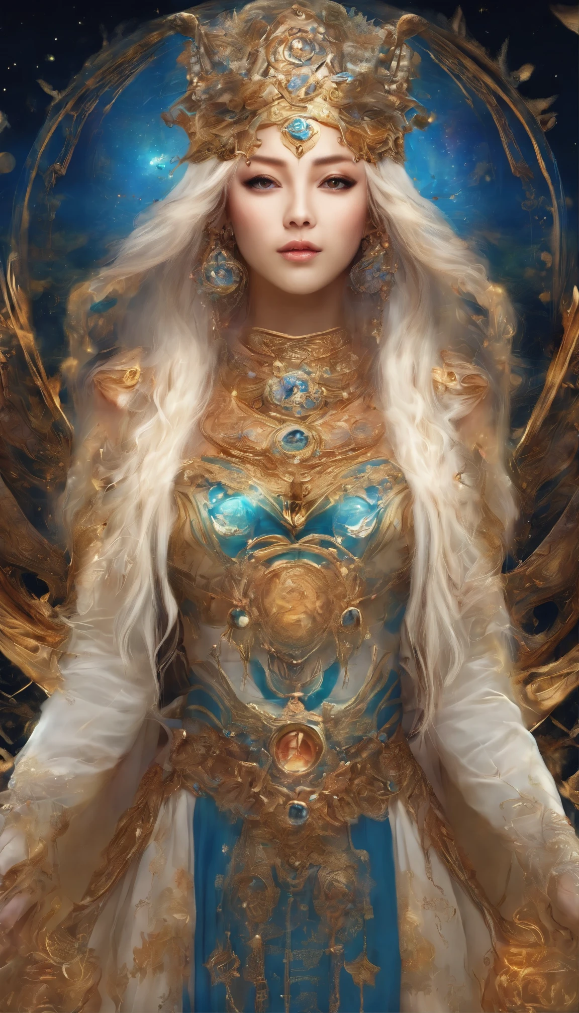 (最もUltra-realistic), Ultra-realistic , powerful welcome,（highest quality，Super detailed，Best Illustration，Best Shadow，masterpiece，High resolution，Professional artwork，Famous works of art），写真構成のmasterpiece, Fine grain，Beautiful Eyes，Cleavage close-up, Science，Colored sclera，Robot Eyes，Strong facial pattern，Got a tattoo，（Fractalized，Fractal Eye），（Eye focus），Face Focus，Eye of the Nebula，Eyes of the Universe，Close-up of a metal sculpture of a woman with a moon in her hair，welcome。Extremely high detail，3d welcomes portrait，Extremely detailed footage of the welcomes，a stunning portrait of a welcomes，Side image of the welcomes，portrait of a beautiful welcomes，Full body close-up portrait of the welcomes，hecate welcomes，portrait of a norse moon welcomes，welcomes of space and time, Asian skin, 肌のディテールのmasterpiece, Realistic Skin, 油彩の輝くmasterpiece, Sea Art 2.1, trending seaart moon welcomes, The middle of a journey, particle, Warm Dark Blue, Gold Star Glow, ultra detail texture masterpiece, The best contrast, Golden Reflection, Super detailedなゴールドテクスチャ, light, Sparkling light reflections, Natural Color, Neutral Colors, (Neutral Color), Sparkling eyes, Glowing Eyes