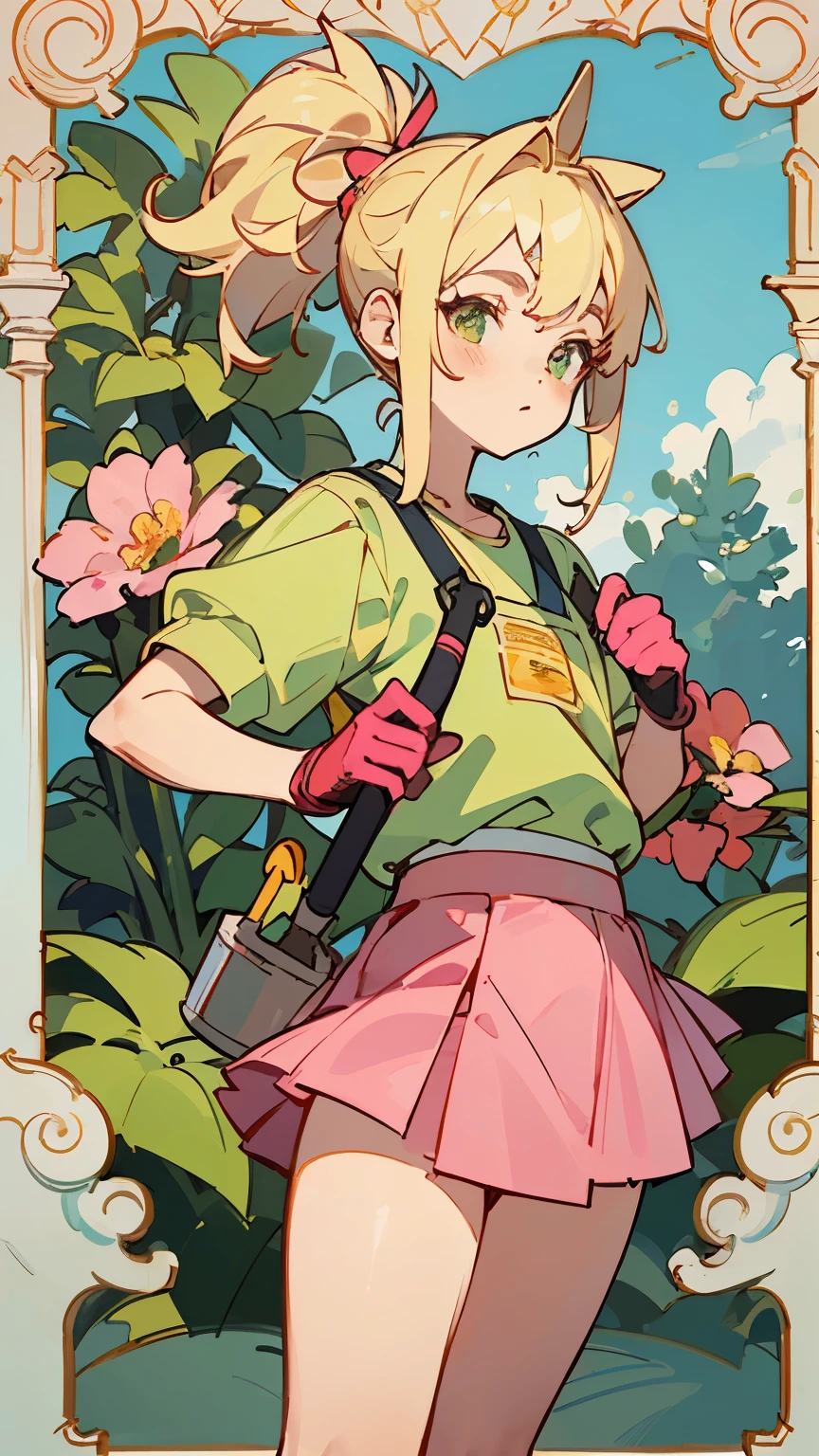 ((mejor calidad)), ((obra maestra)), (detallado), cara perfecta ((cuerpo completo)
the gardener girl cuerpo completo, grabbing gardening tools
cute pink MINI skirt, blonde hair with two ponytails