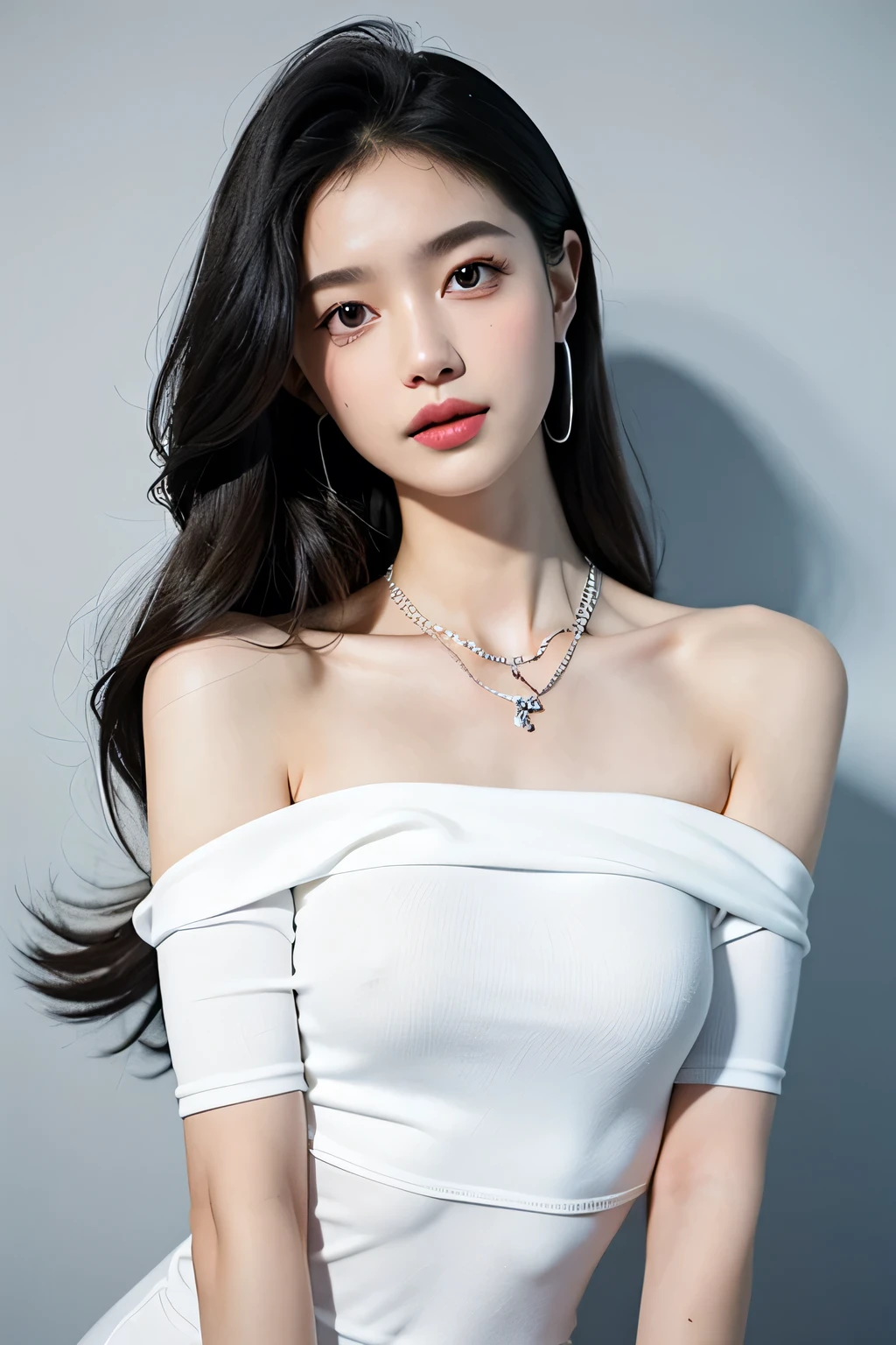 (Extra detailed body、The face is rich in detail、Best quality:1.2)、woman、looking at the audience、whole body，(quirky fashion、Large shoulder-length piercing、A necklace、Clothes with strong contrast of gray, blue, white and black、Asymmetry)、(Contrasting white and gray wall on background)，Smiling，Large Breasts，Standing in the middle of the bookshelf，Gentle，read，sweet，sweet，beauty