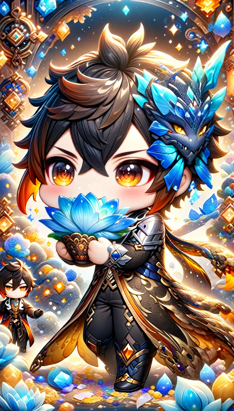 absurdres, highres, ultra detailed, HDR) master piece, best quality, Zhongli chibi, black hair, expressive yellow eyes, genshin impact, together with a chibi white dragon, solo, boy, black clothes with accessories, jewelry, patterns, magical fantasy, blue butterflies, glittering, sparkling, blue lilies, petals, radiant