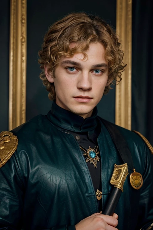 Joffrey Baratheon is tall, , blond curly hair, handsome, deep green eyes, pouty lips, finest clothing and accents, blue wool, black leather, a deep blue doublet, a slim coronet made of gold and sapphires, he wields a longsword, arrogant smile, his coat of arms consists of a black stag and a yellow lion