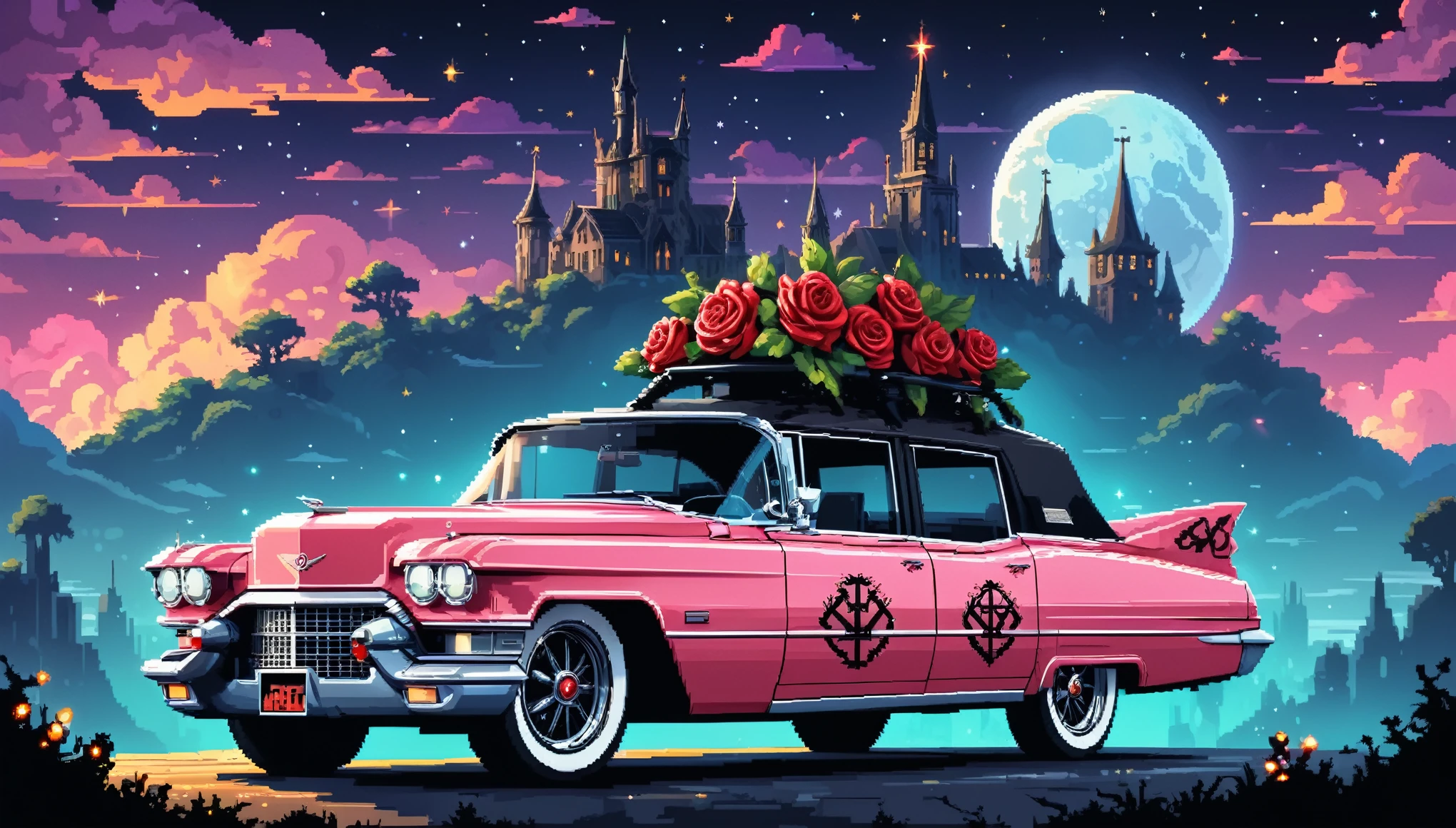 Bright epic professional (cute cartoon pixel illustration:1.2), (masterpiece in maximum 16K resolution, superb quality, ultra detailed:1.3), side view of a grand (bizarre:1.2) Cadillac with (tall wheels:1.2) and (sharp features, decorated with runes and folding roof), printed rose blossoms, amidst the silhouetted (Gothic world) of at night, clouds and sparkles.