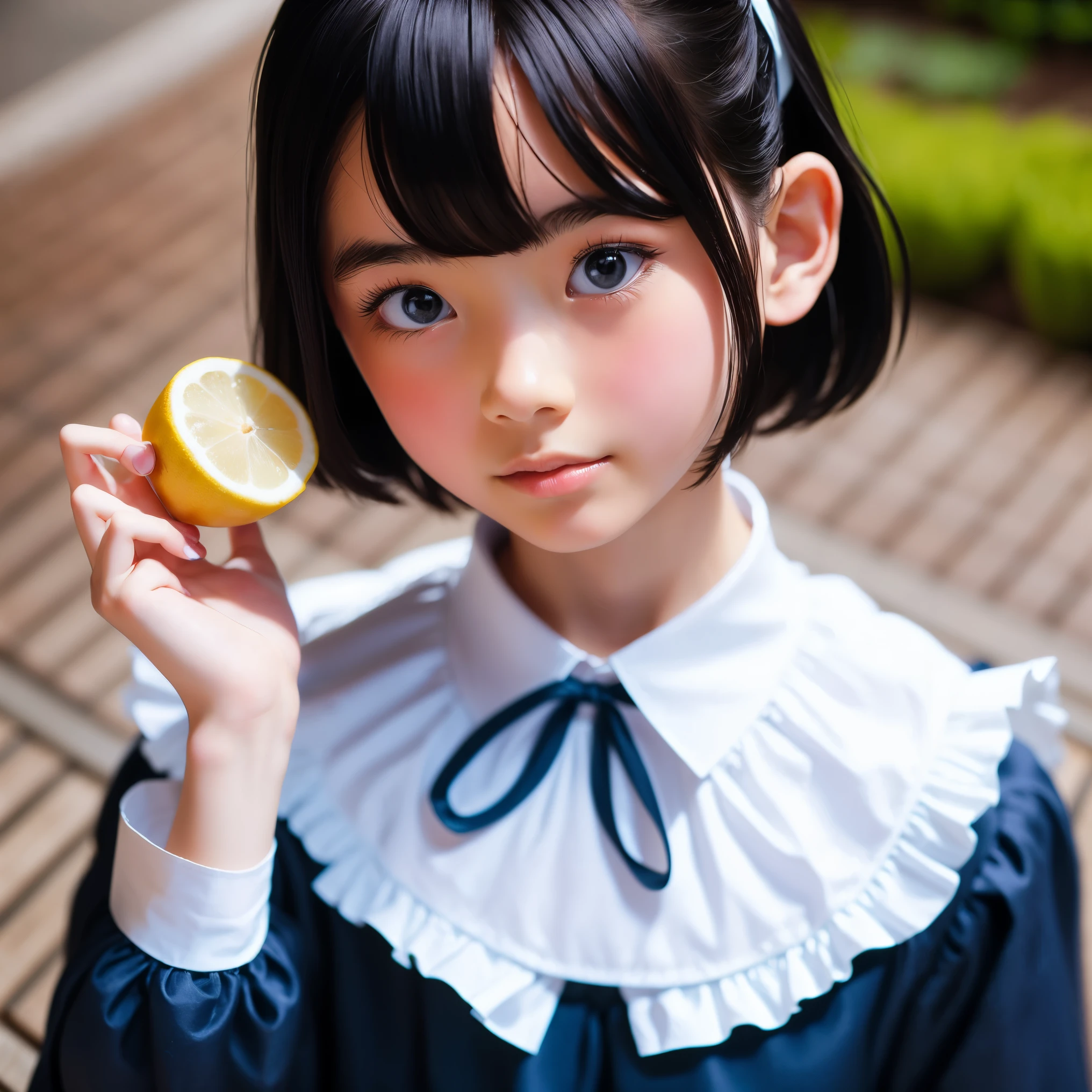 ((sfw: 1.4)), ((sfw, extra short hair, sidelocks-hair, 1 Girl)), Ultra High Resolution, (Realistic: 1.4), RAW Photo, Best Quality, (Photorealistic), Focus, Soft Light, (()), ((Japanese)), (holding lemon),(( (young face))), (surface), (depth of field), masterpiece, (realistic), wearing highly detailed (( maid clothes with frills and ribbon)), bangs, ((1 girl)),(half body image:1.5)