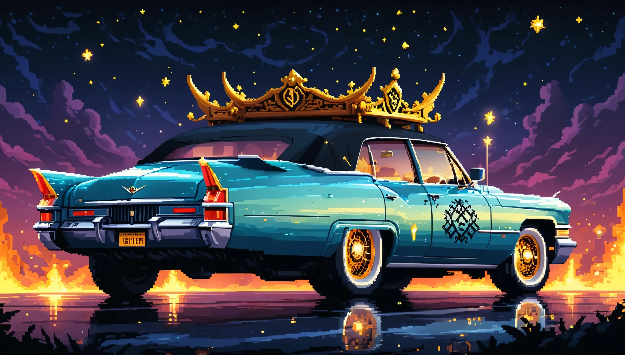 Bright epic professional (cute cartoon pixel illustration:1.2), (masterpiece in maximum 16K resolution, superb quality, ultra detailed:1.3), side view of a grand (bizarre:1.2) Cadillac with tall wheels and (sharp features, decorated with runes and folding roof), speeding amidst the silhouetted Gothic world of at night, sparkles.