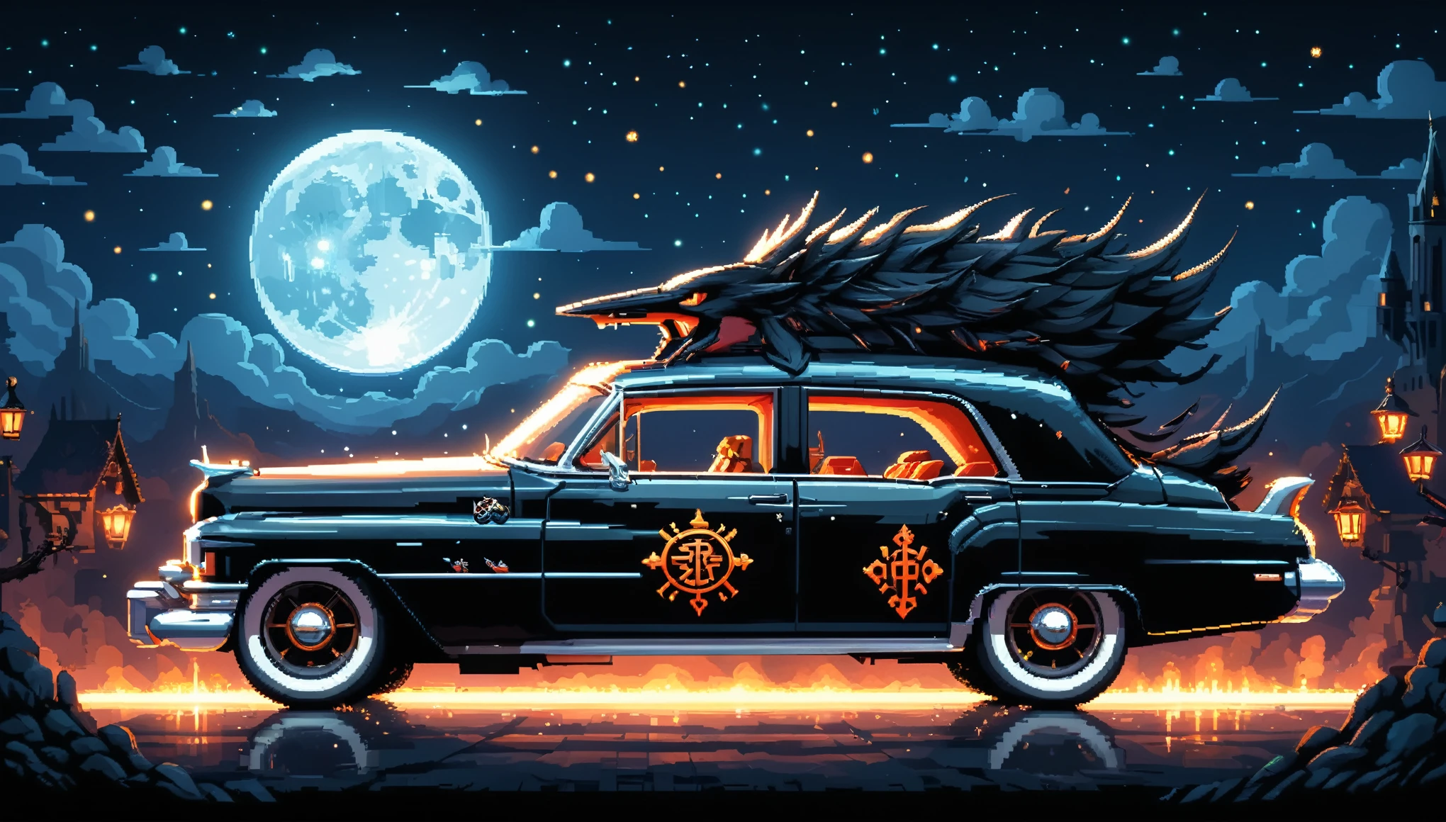Bright epic professional (cute cartoon pixel illustration:1.2), (masterpiece in maximum 16K resolution, superb quality, ultra detailed:1.3), side view of a grand (bizarre:1.2) Cadillac with tall wheels and (sharp features, decorated with runes and folding roof), speeding amidst the silhouetted Gothic world of at night, sparkles.