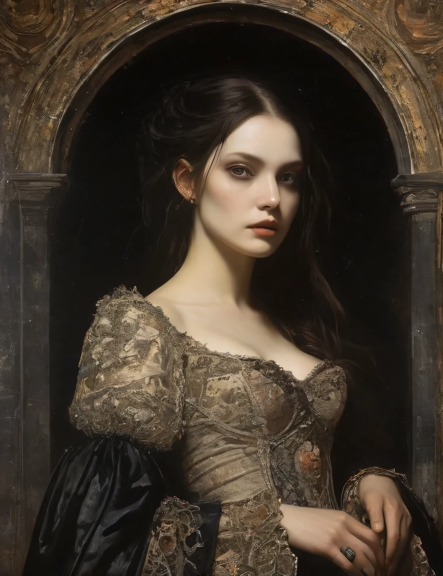 James Gurney, Surrealist art , dream-like, Mysterious, Provocative, symbolic, Complex, detailed,, (Gothic but very beautiful:1.4), (masterpiece, highest quality:1.4) , Nicola Samori Style, I, beautiful face, beautiful detailed dress. portrait