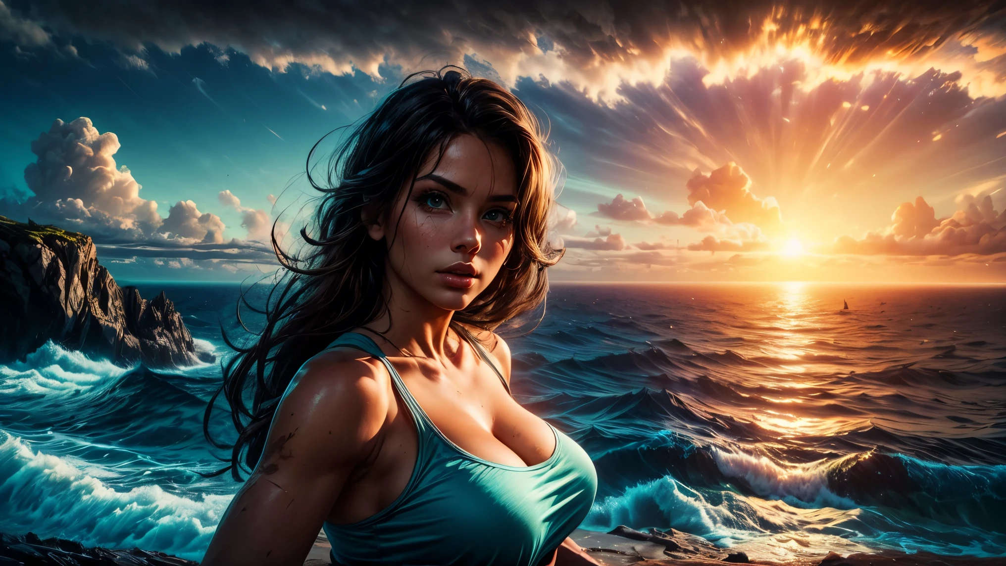 (best quality, 4k, 8k, high resolution, masterpiece: 1.2), ultra detailed, (realistic, ultraphotorealistic, photorealistic: 1.37), beautiful woman holding a white cardboard, black hair in a bikini, beautiful detailed eyes, beautiful detailed lips , extremely detailed eyes and face and round face, long eyelashes, vibrant and curly red hair flowing with the wind, confident and radiant expression, radiant and flawless skin, pale skin, fit body, elegant and seductive pose, soft waves caressing her ft., tranquil tropical island, overlooking the vast sea, turquoise blue water, white sand beach, sun-kissed palm trees swaying in the breeze, majestic mushroom clouds in the distance, spectacular red lighting in the sky, creating a apocalyptic atmosphere, dark storm clouds gathering on the horizon, a mix of calm and chaos. Contrast of beauty and destruction, the eerie backdrop enhances its vibrant presence, the perfect harmony between nature and human, a blissful and tranquil environment, an enchanting paradise on the edge of the abyss.