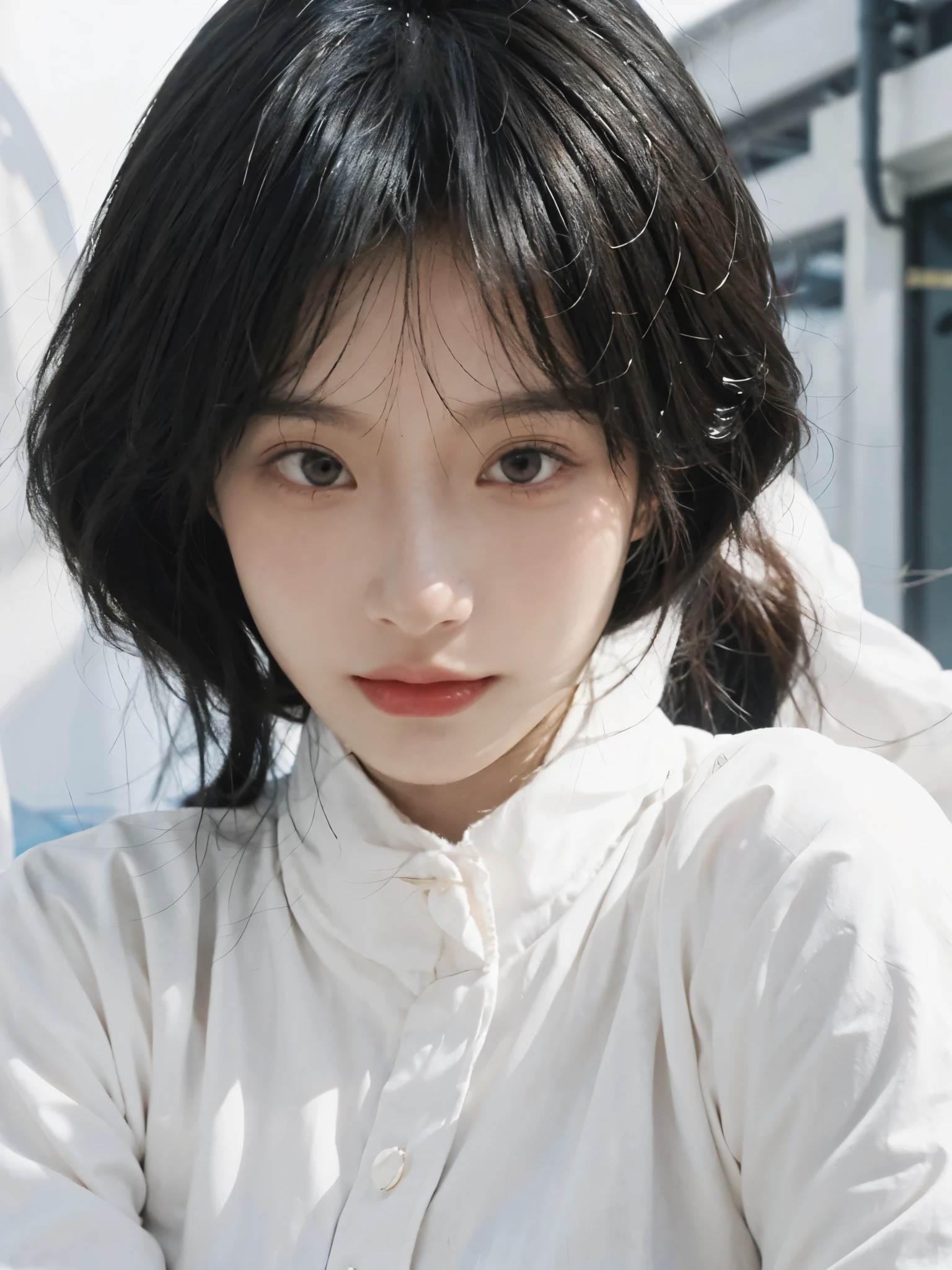 best quality, ultra high resolution, White background,(realistically:1.3), girl, A pair of eyes as clear as snow,Royal sister,Black long straight, looking at the audience, close up ,